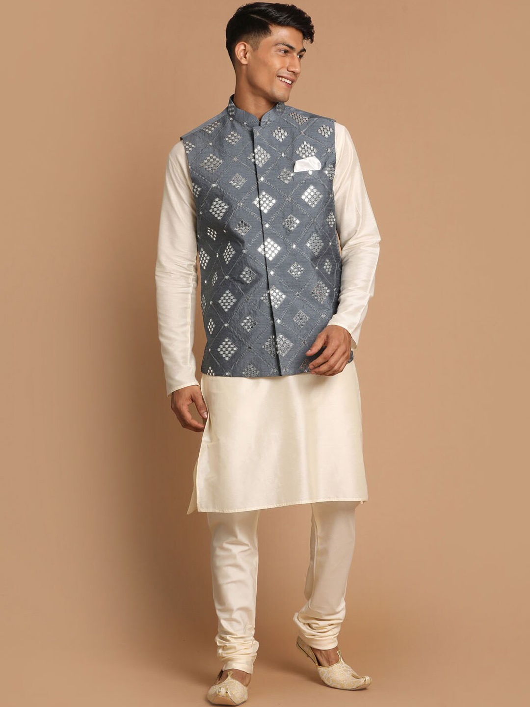 

VASTRAMAY Men Grey Layered Mirror Work Kurta with Pyjama And Nehru Jacket