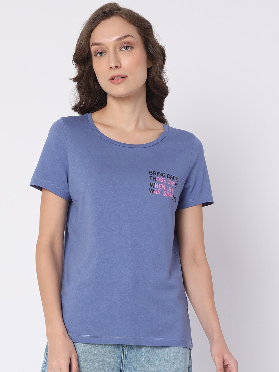 

Vero Moda Women Blue Typography Printed Cotton T-shirt