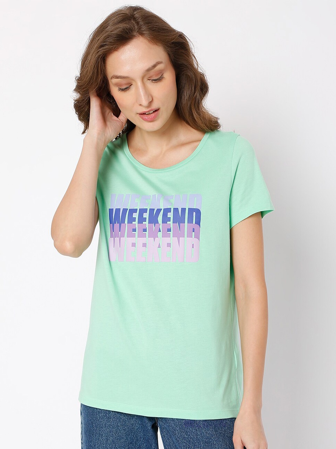 

Vero Moda Women Green Typography Printed T-shirt