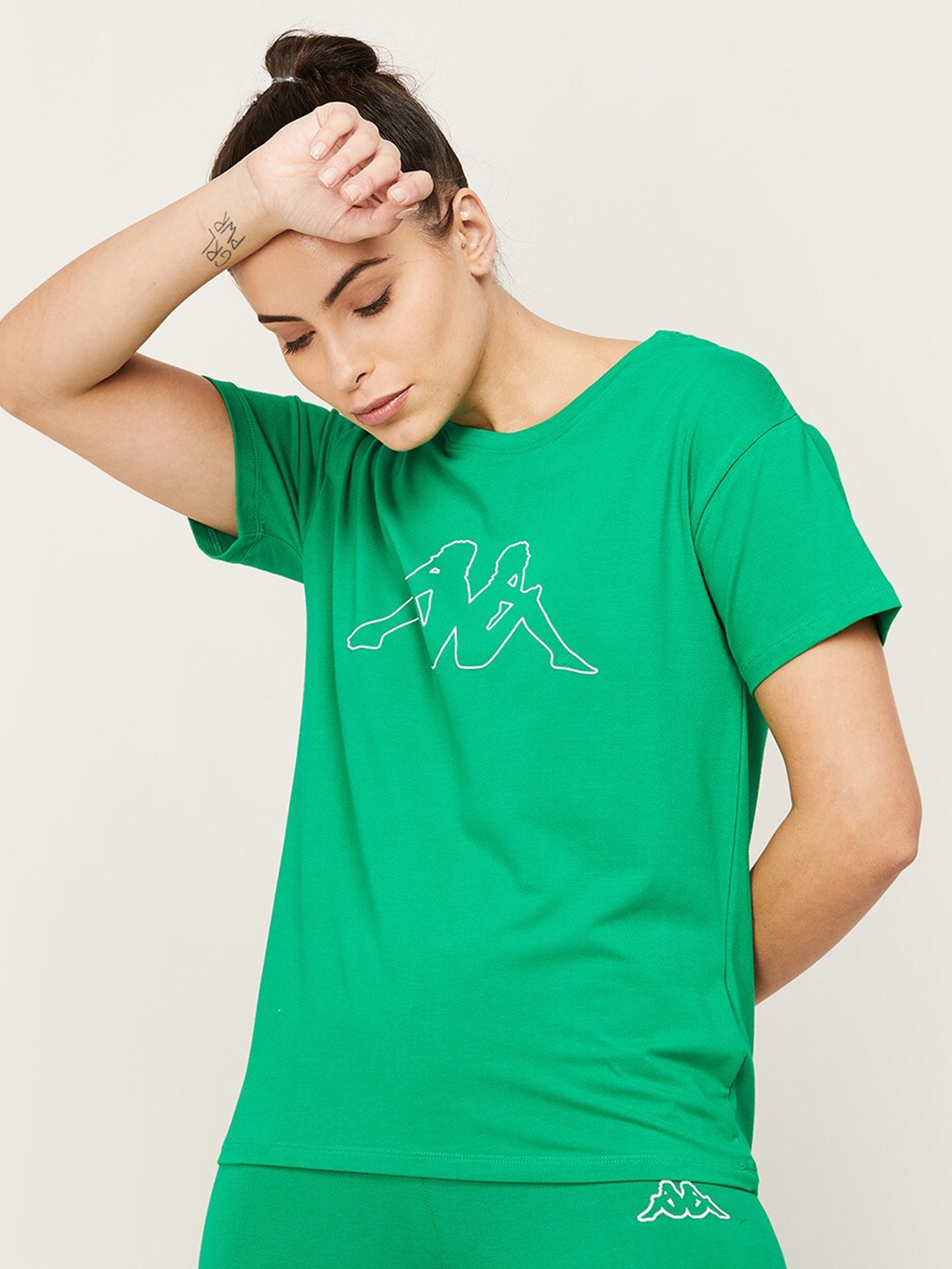 

Kappa Women Green Typography V-Neck T-shirt