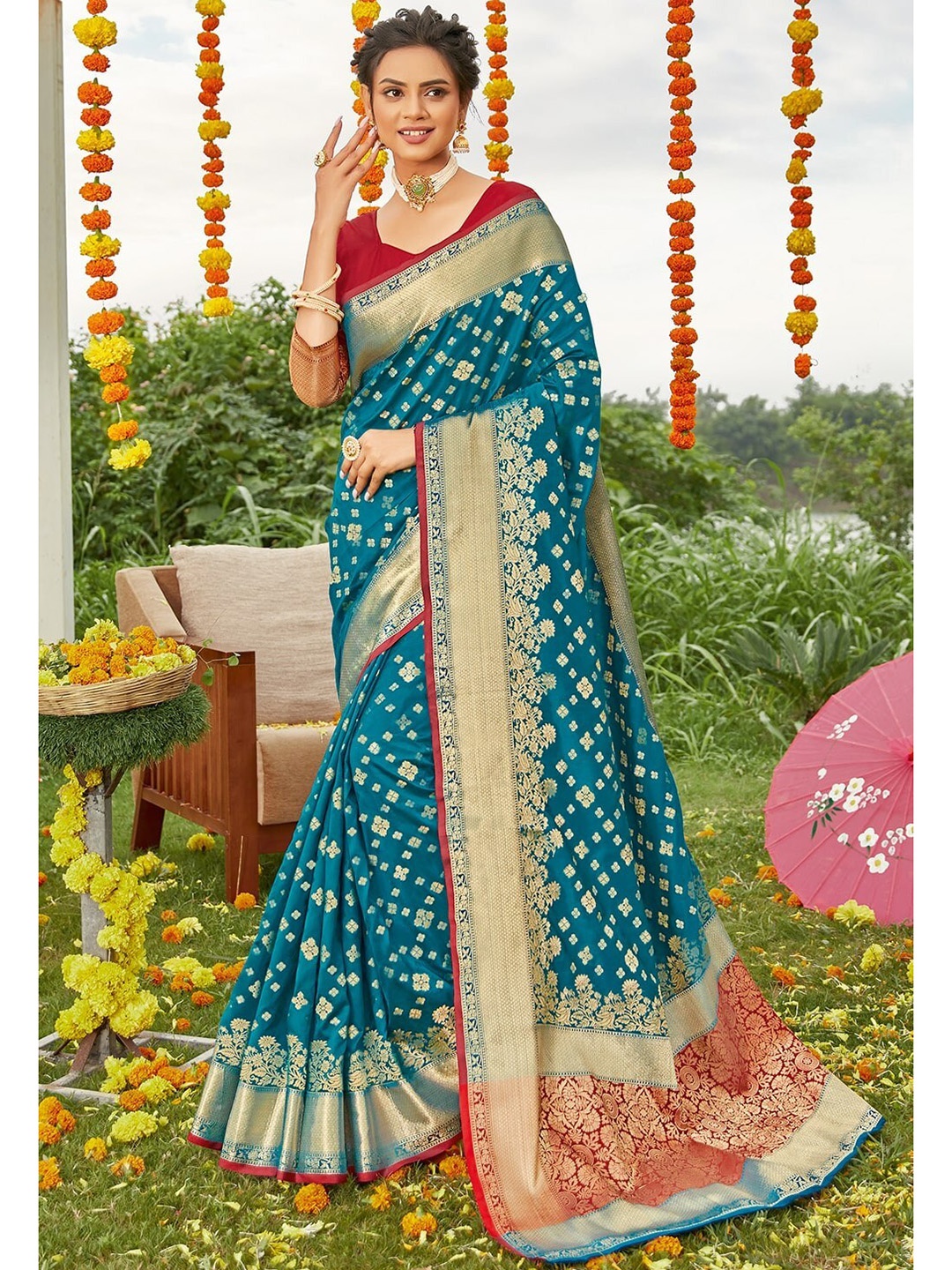 

KARAGIRI Sky Blue & Red Woven Design Zari Saree