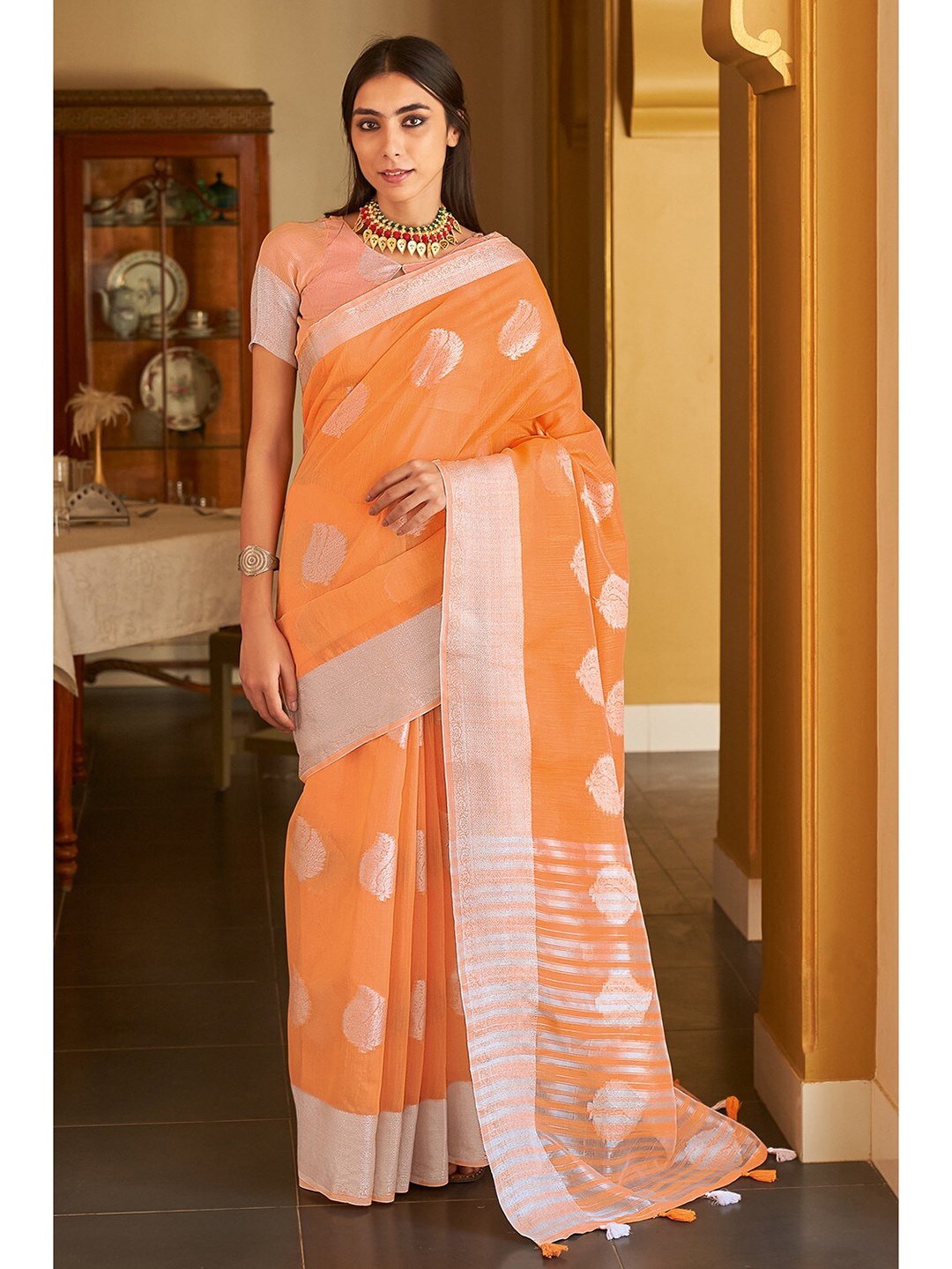 

KARAGIRI Orange & Silver-Toned Woven Design Zari Linen Blend Saree