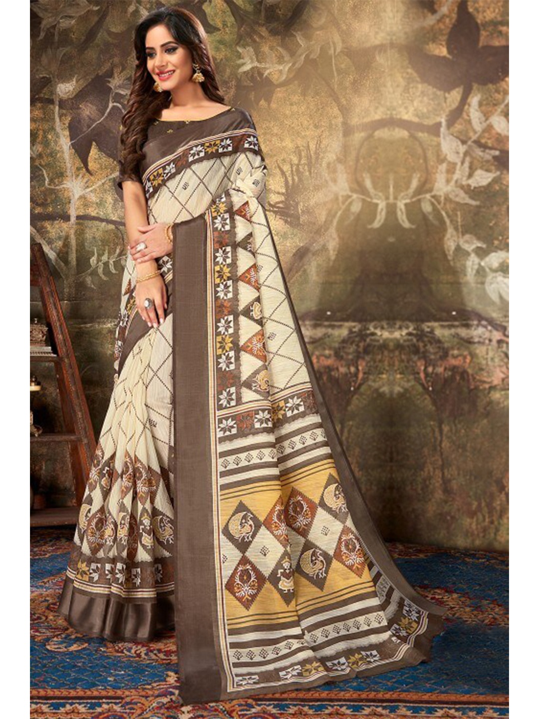 

KARAGIRI Cream-Coloured & Yellow Ethnic Motifs Saree