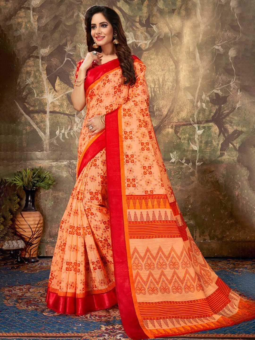 

KARAGIRI Women Orange & Yellow Floral Saree