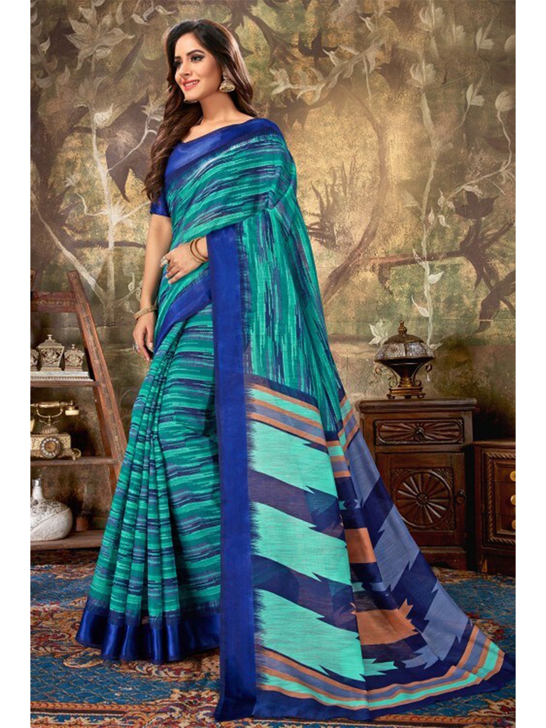 

KARAGIRI Turquoise Blue & Navy Blue Printed Polycotton Saree