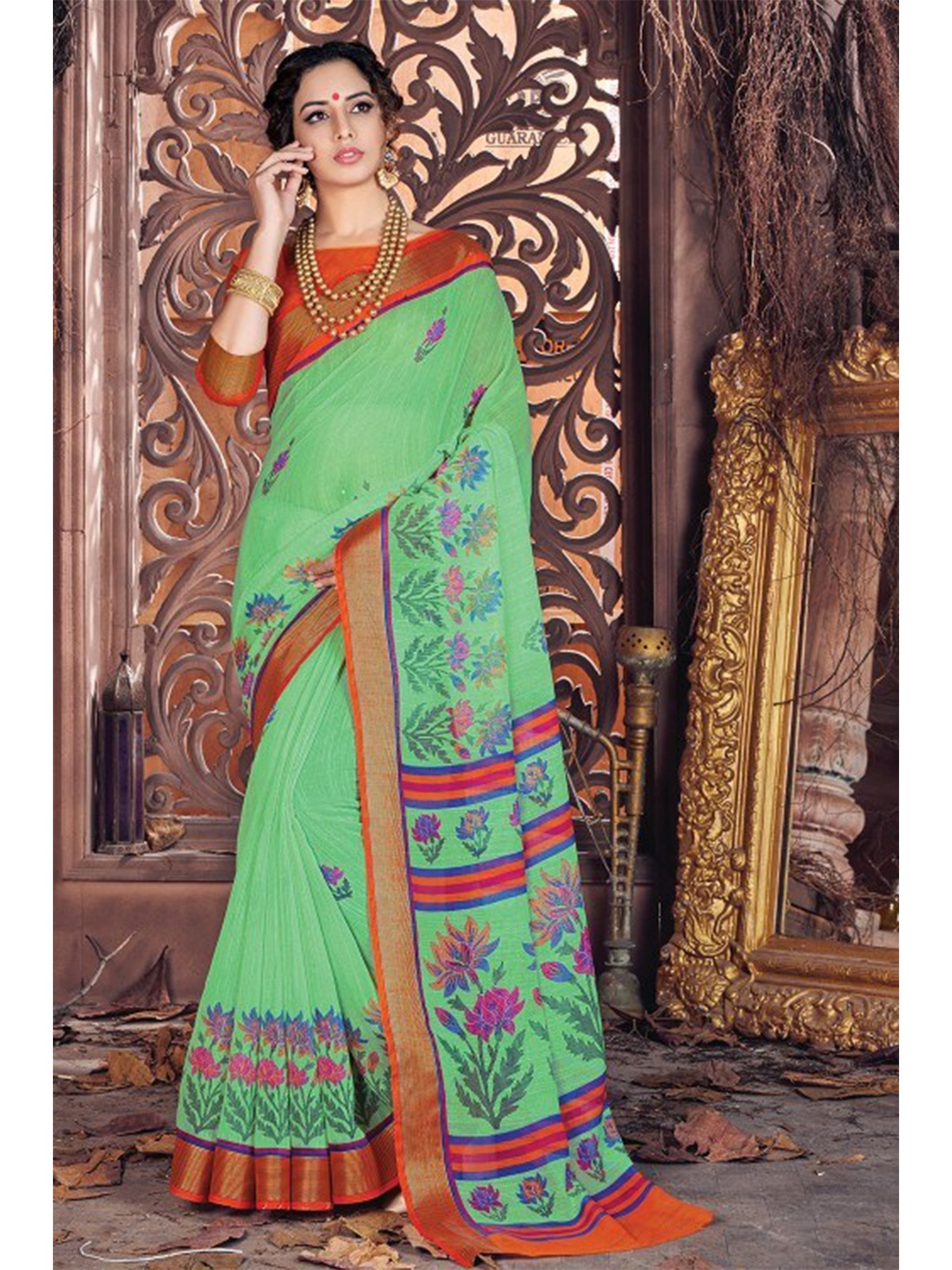 

KARAGIRI Sea Green & Pink Floral Zari Saree