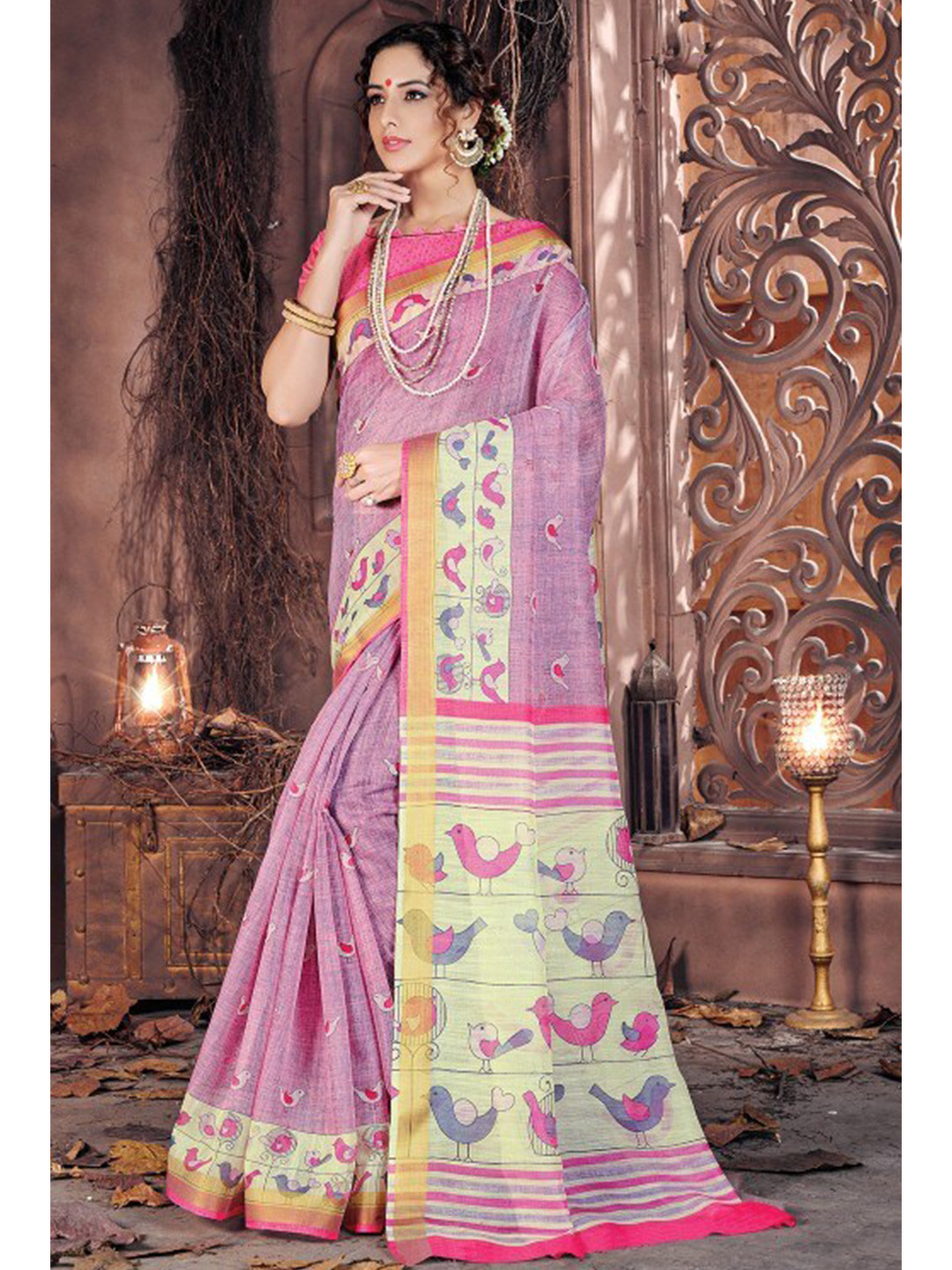 

KARAGIRI Pink & Gold-Toned Ethnic Motifs Zari Saree