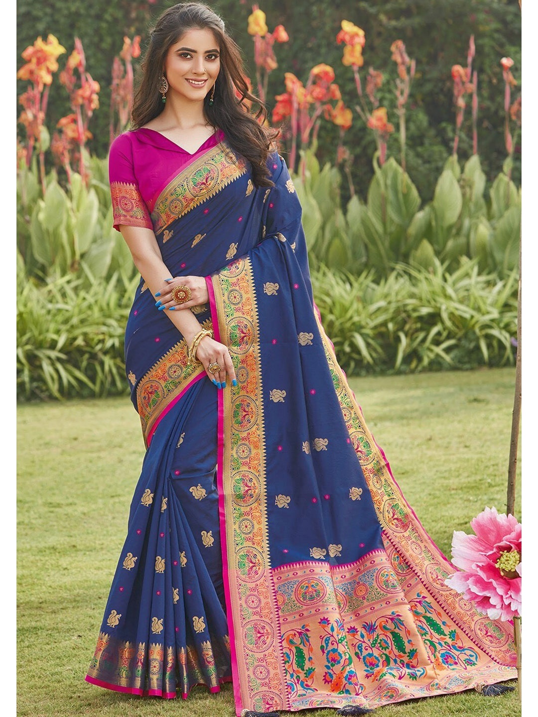 

KARAGIRI Navy Blue & Pink Woven Design Zari Paithani Saree