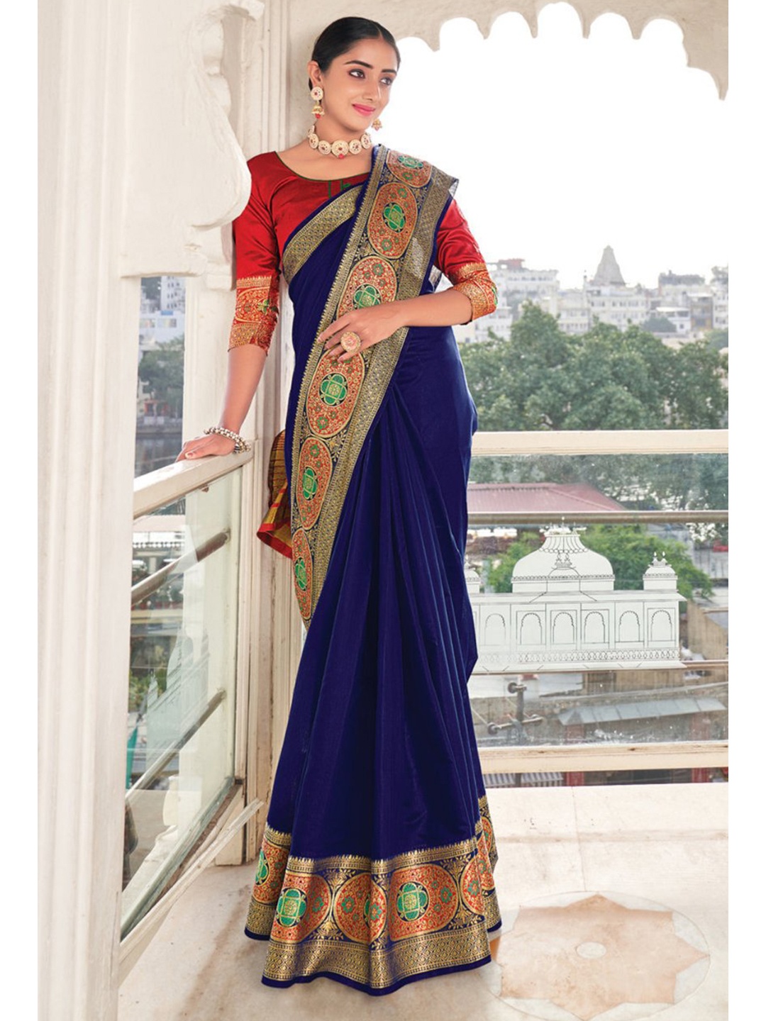 

KARAGIRI Navy Blue & Red Zari Cotton Saree