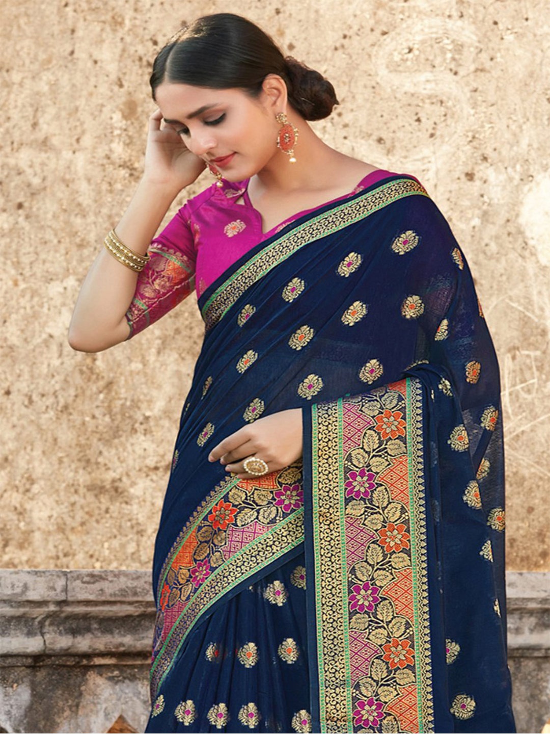 

KARAGIRI Navy Blue & Pink Woven Design Zari Saree