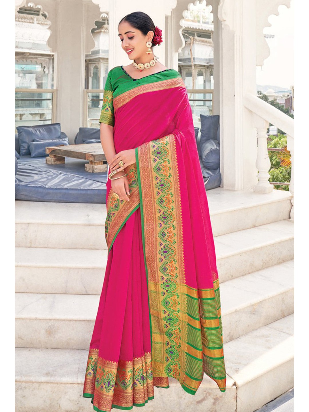 

KARAGIRI Pink & Green Woven Design Cotton Zari Saree