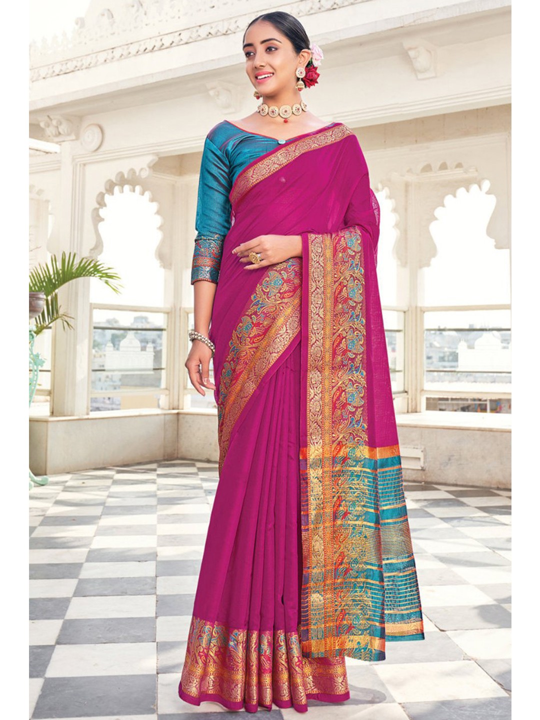 

KARAGIRI Magenta & Blue Cotton Ethnic Motifs Zari Saree