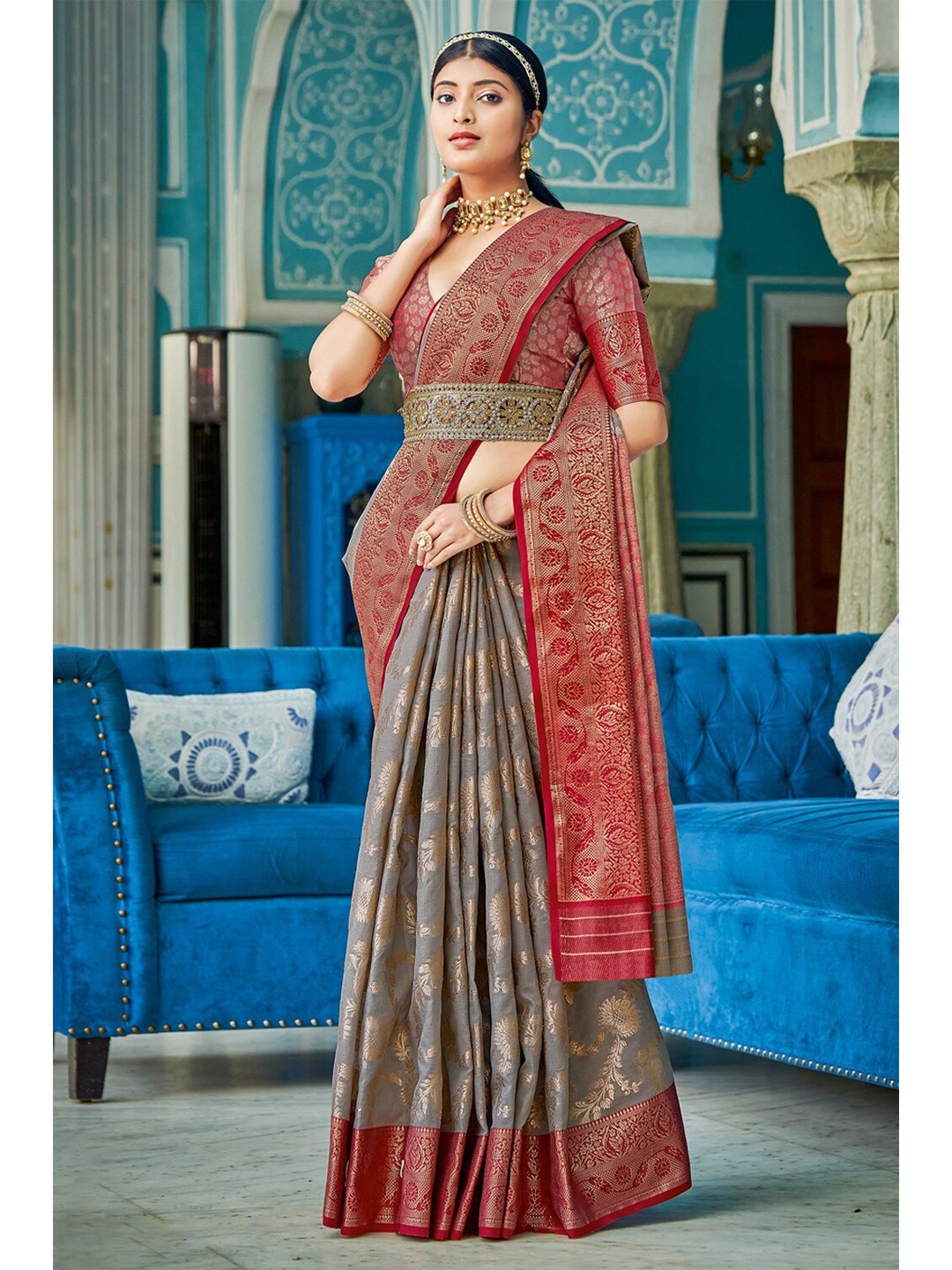 

KARAGIRI Grey & Red Woven Design Zari Saree