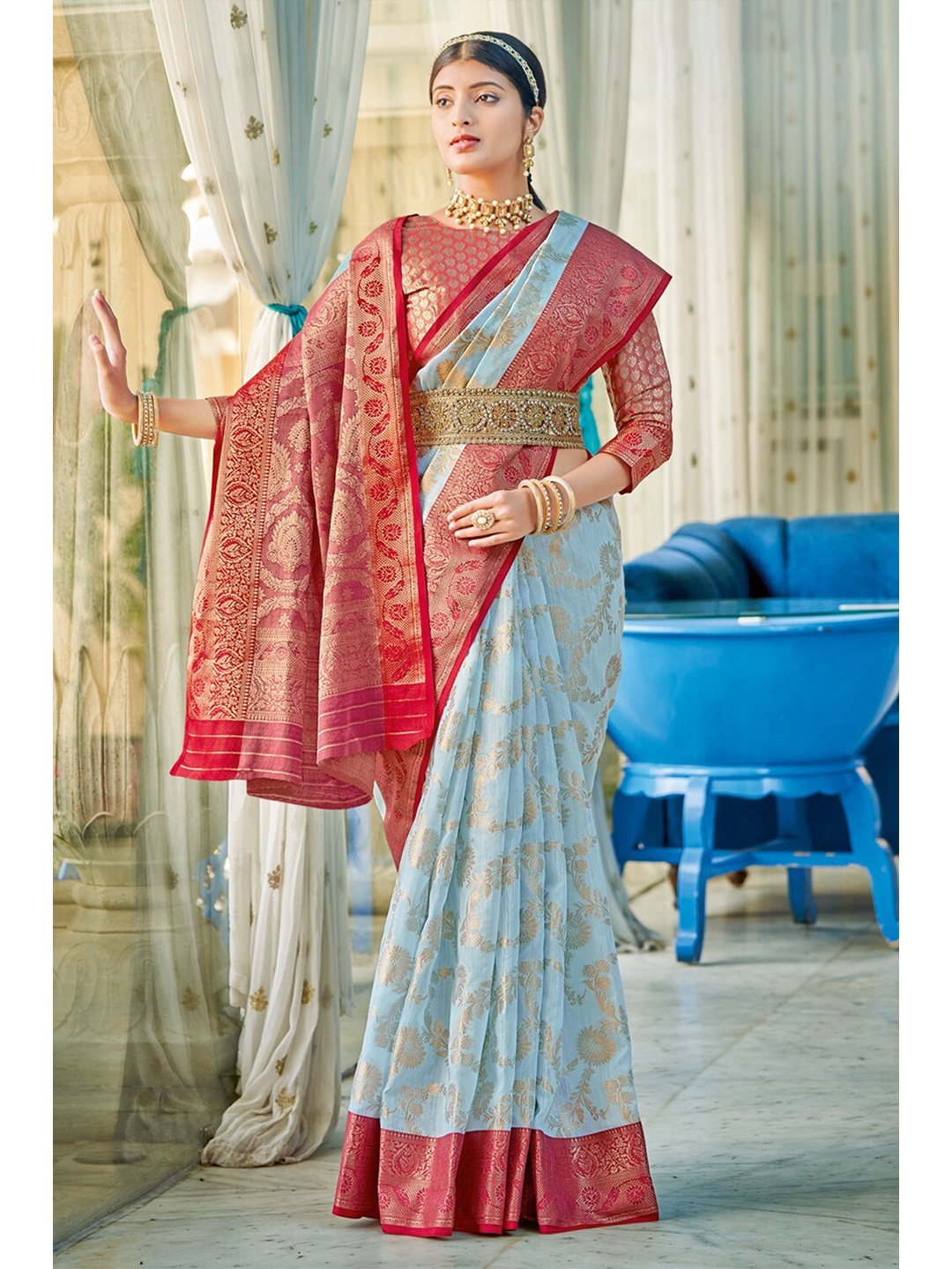 

KARAGIRI Blue & Red Ethnic Motifs Zari Saree
