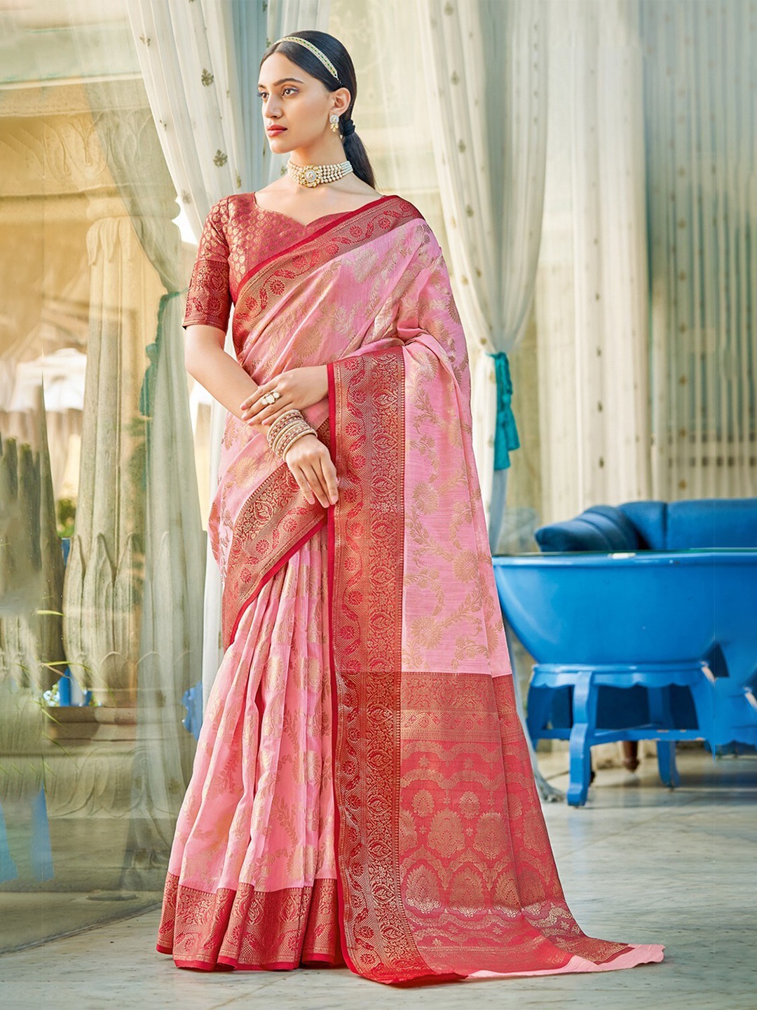 

KARAGIRI Pink & Red Woven Design Zari Saree