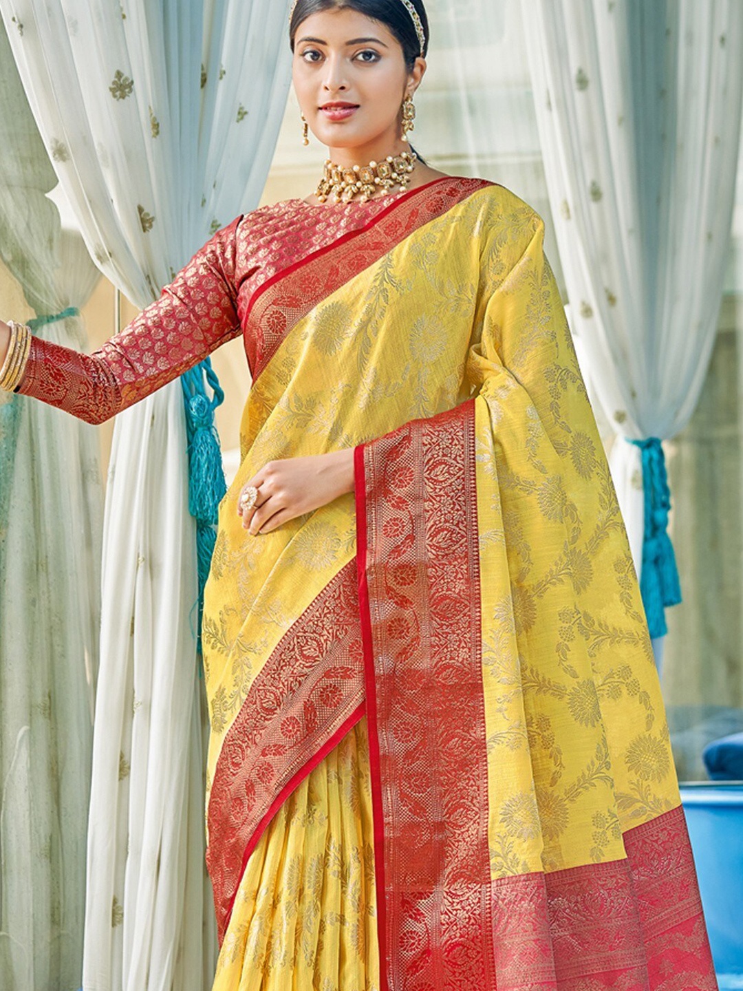 

KARAGIRI Yellow & Pink Floral Zari Cotton Saree