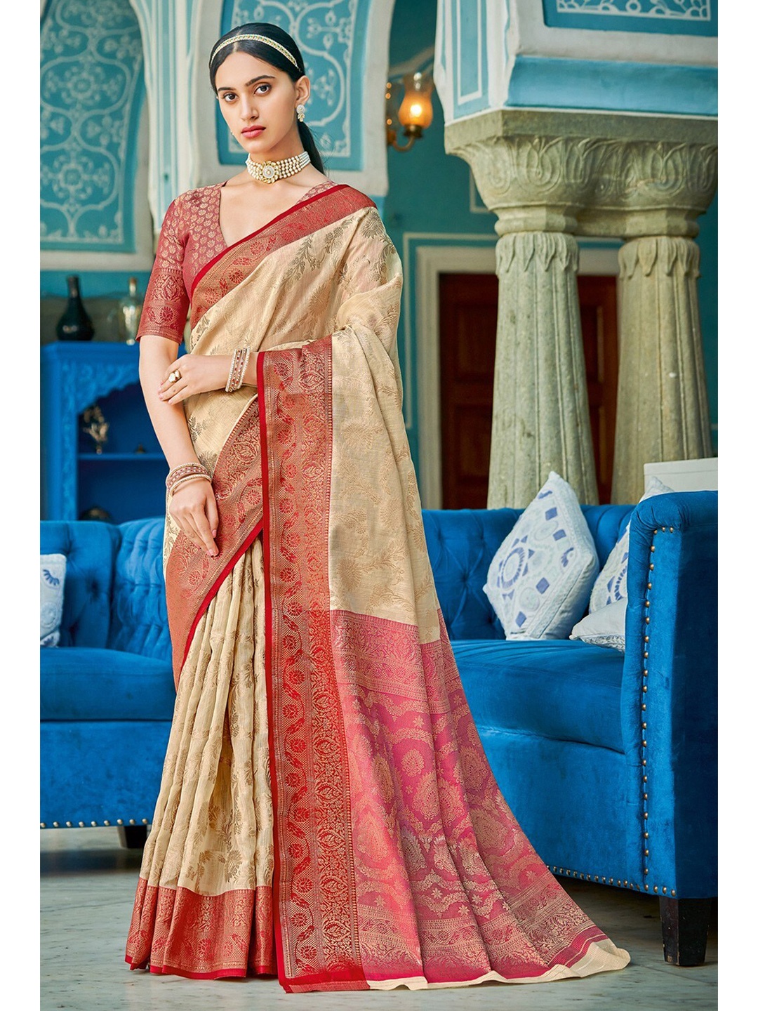 

KARAGIRI Cream-Coloured & Gold-Toned Woven Design Zari Cotton Saree