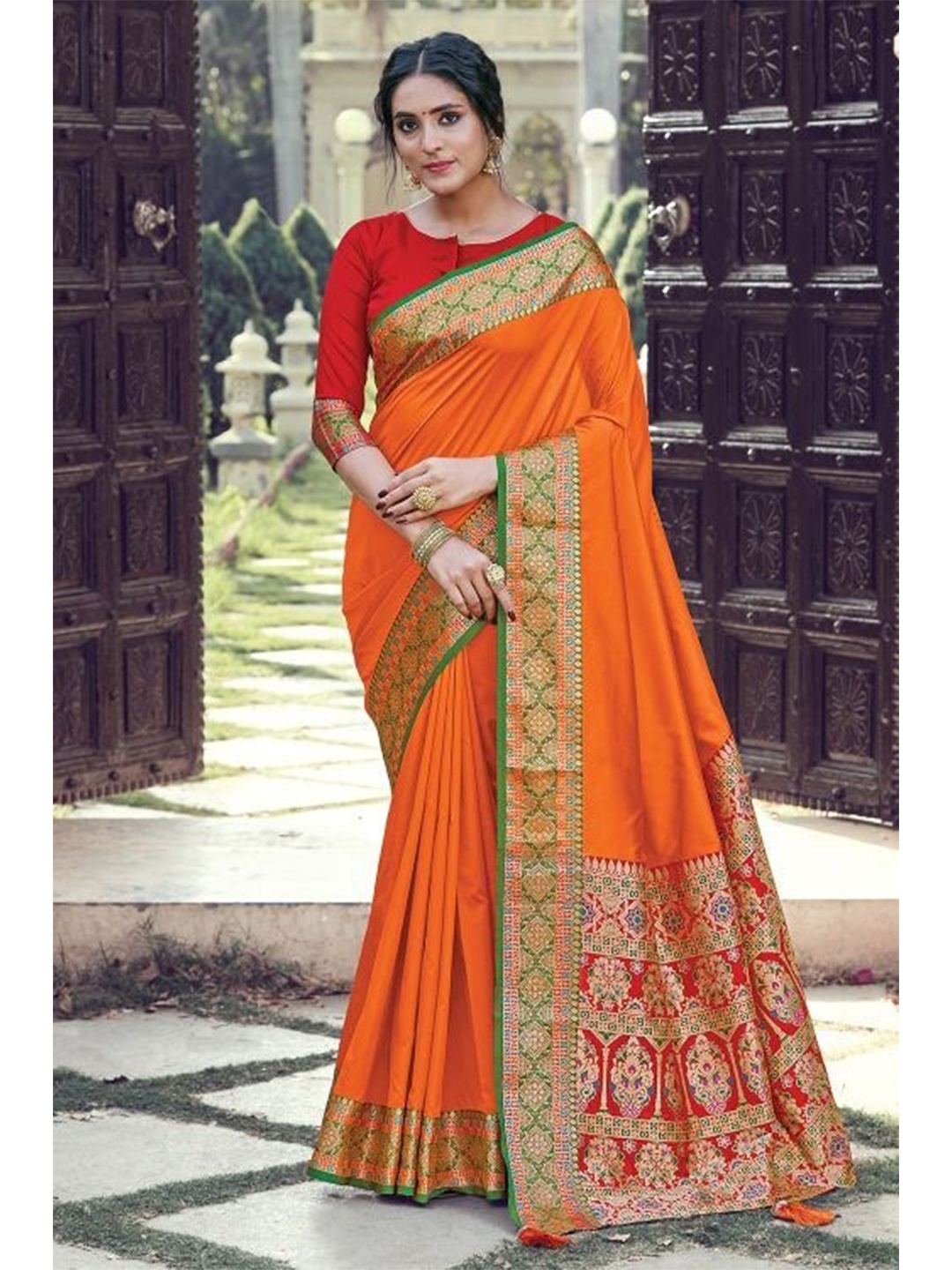 

KARAGIRI Orange & Green Zari Pure Silk Saree