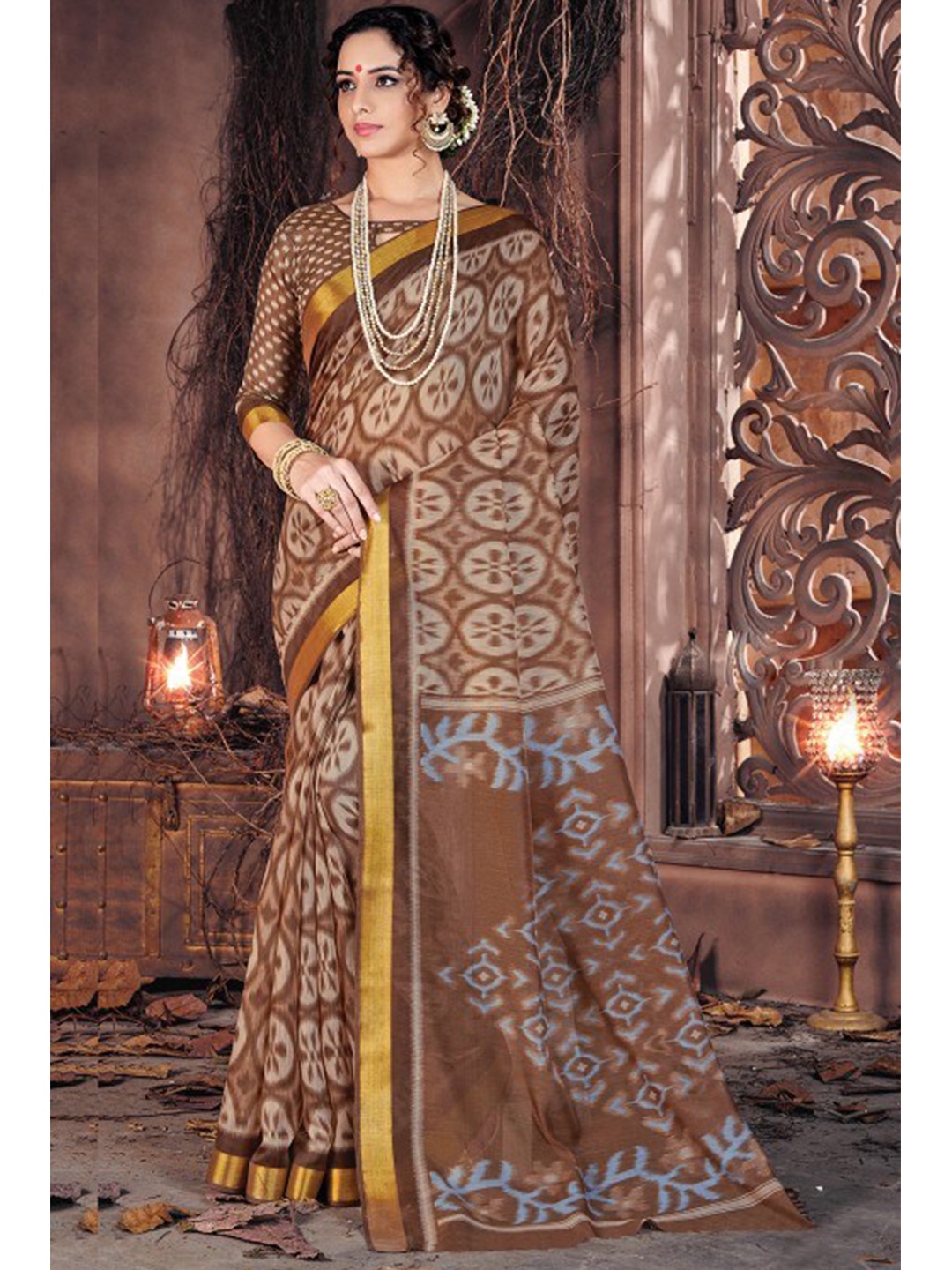 

KARAGIRI Brown Floral Zari Saree