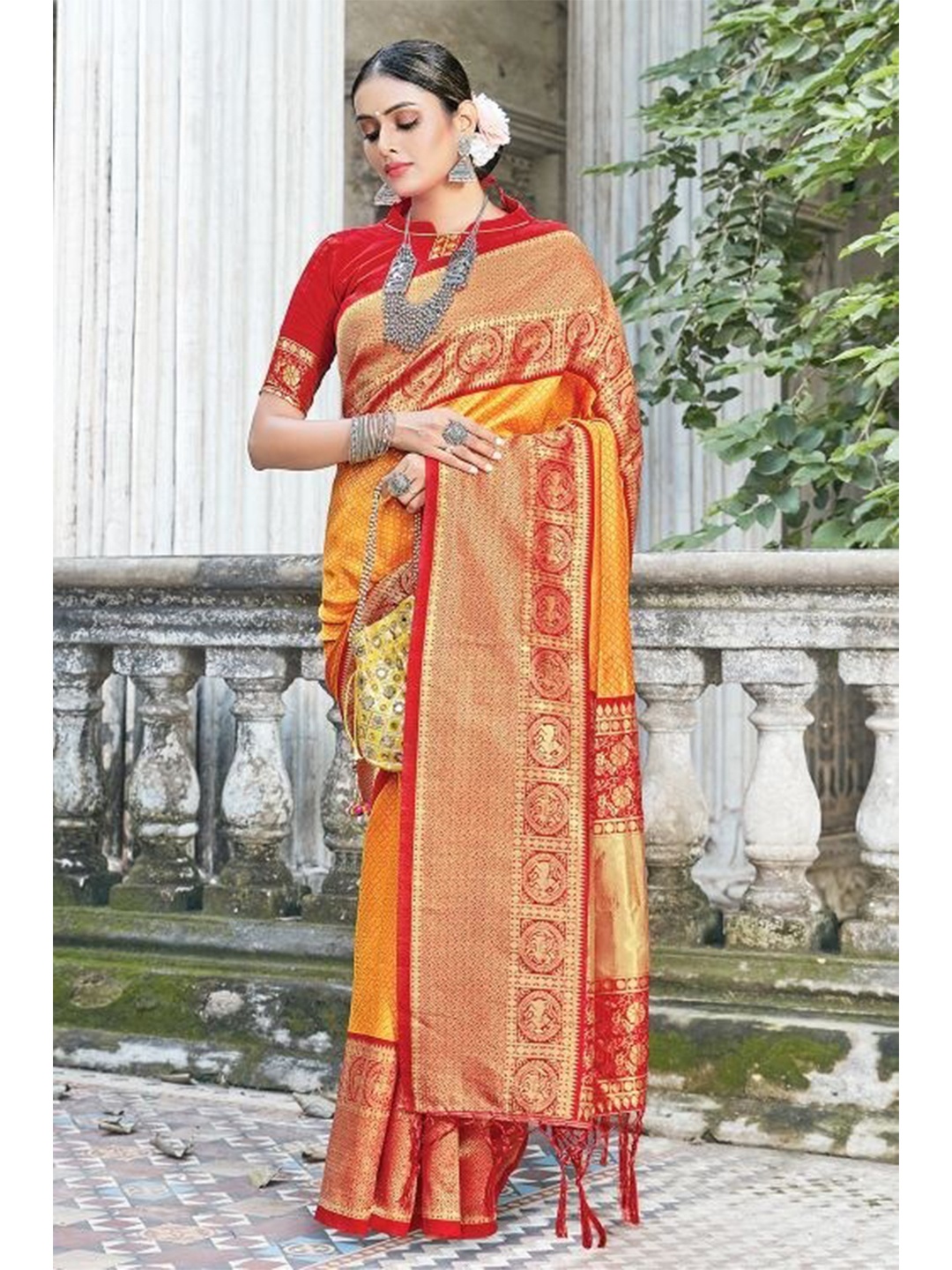 

KARAGIRI Yellow & Red Ethnic Motifs Zari Saree