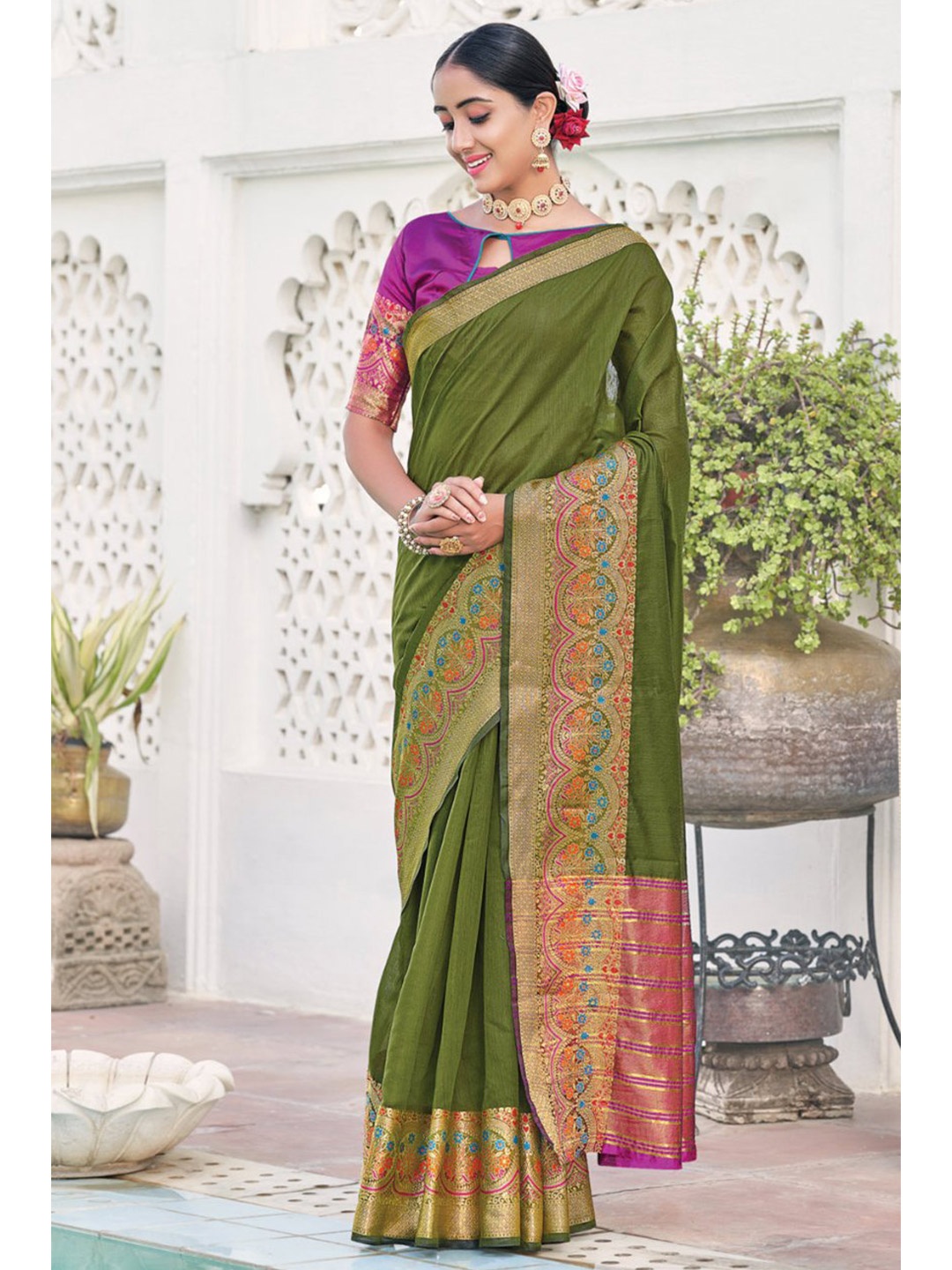 

KARAGIRI Green & Blue Cotton Printed Woven Design Zari Saree