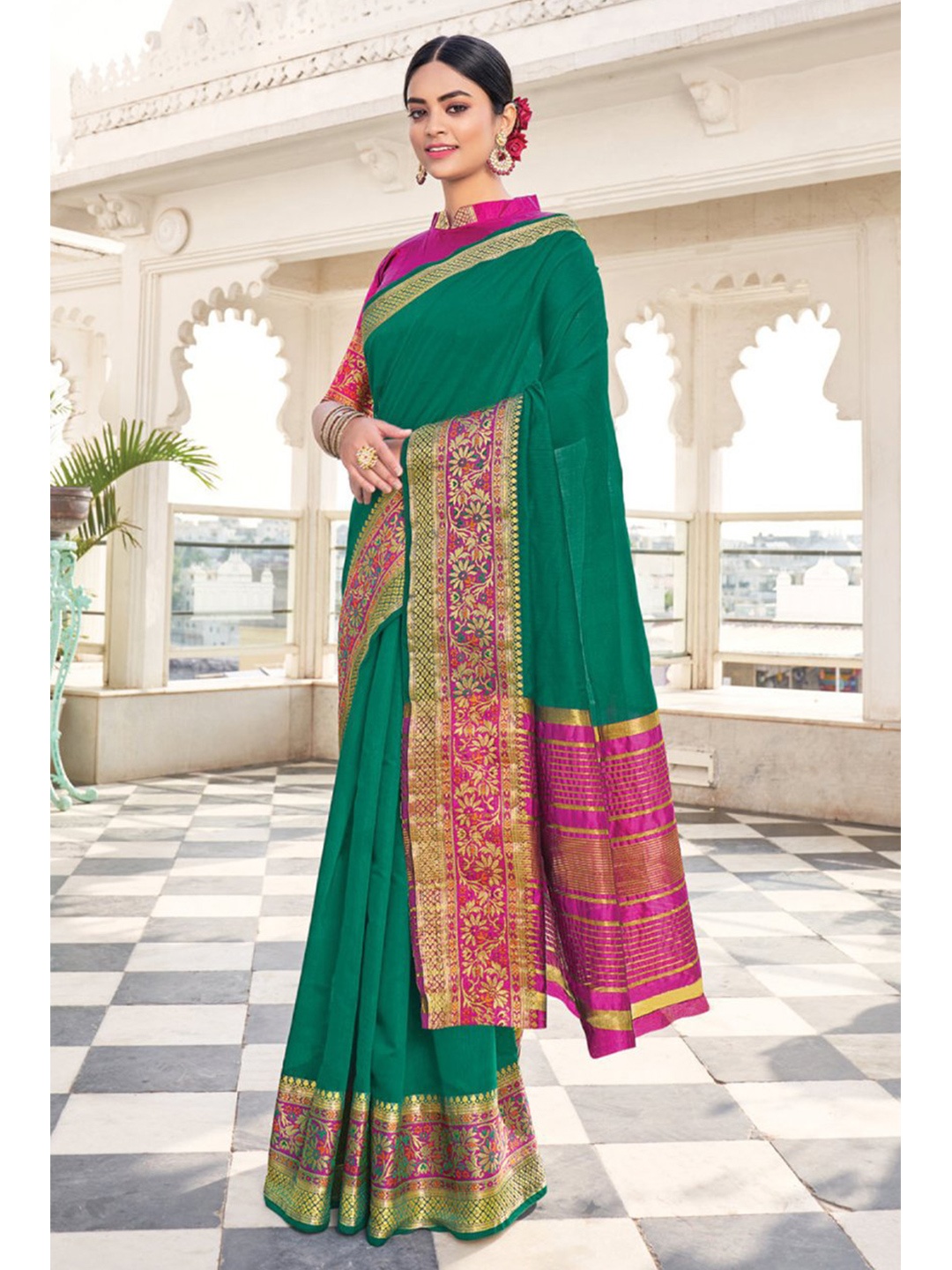 

KARAGIRI Green & Pink Zari Saree