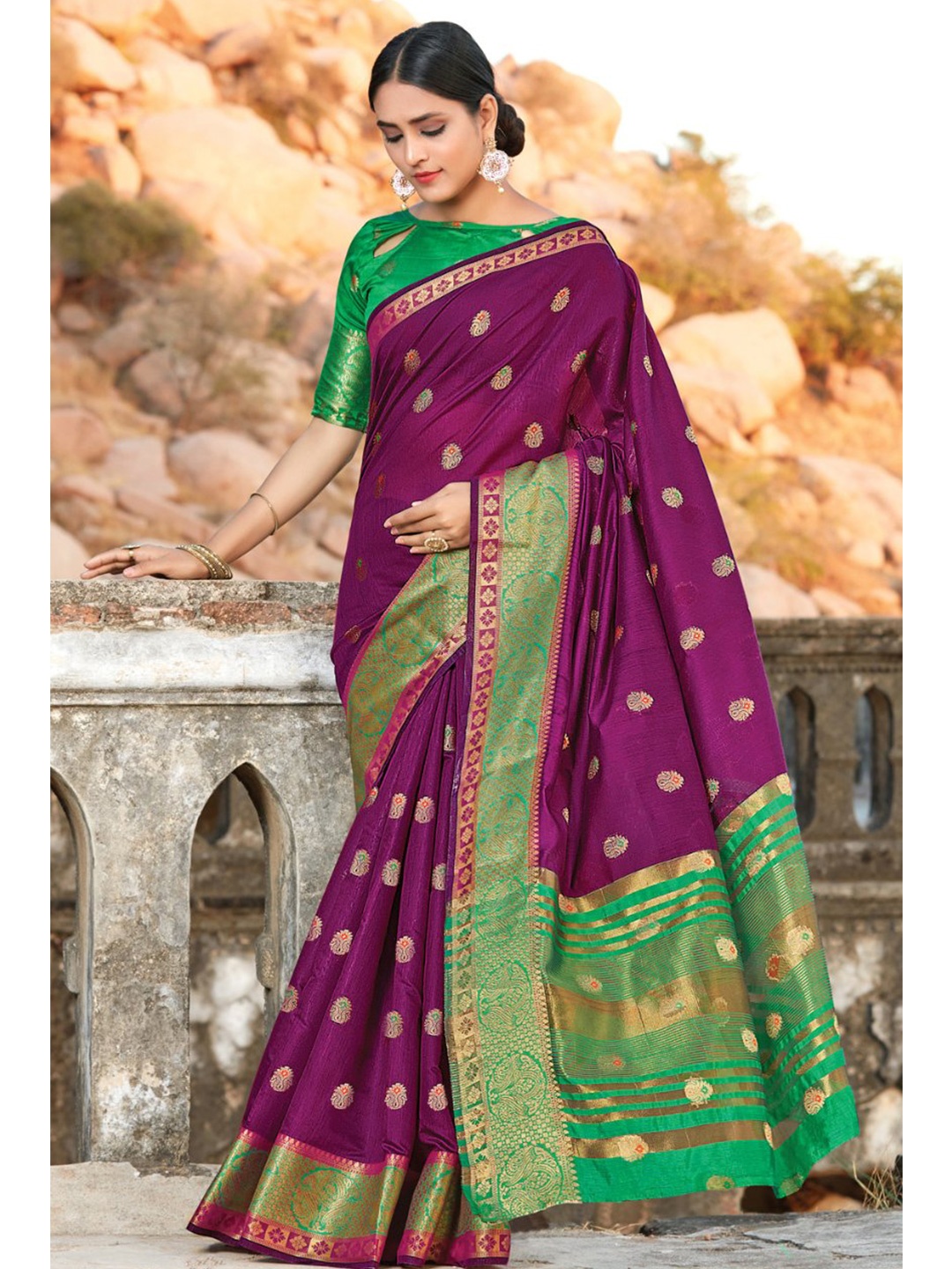 

KARAGIRI Purple & Green Ethnic Motifs Zari Saree