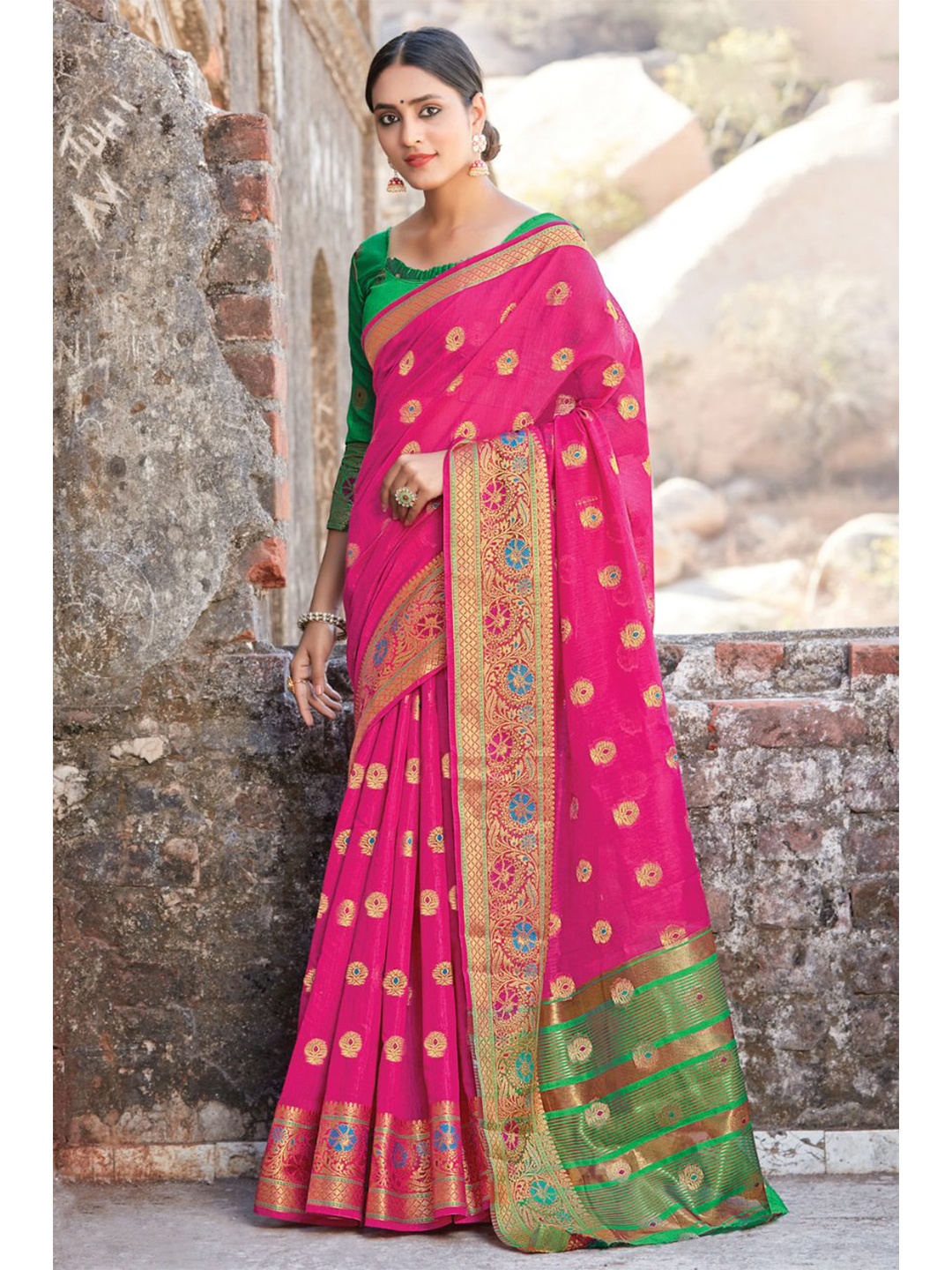 

KARAGIRI Pink & Green Woven Design Zari Saree