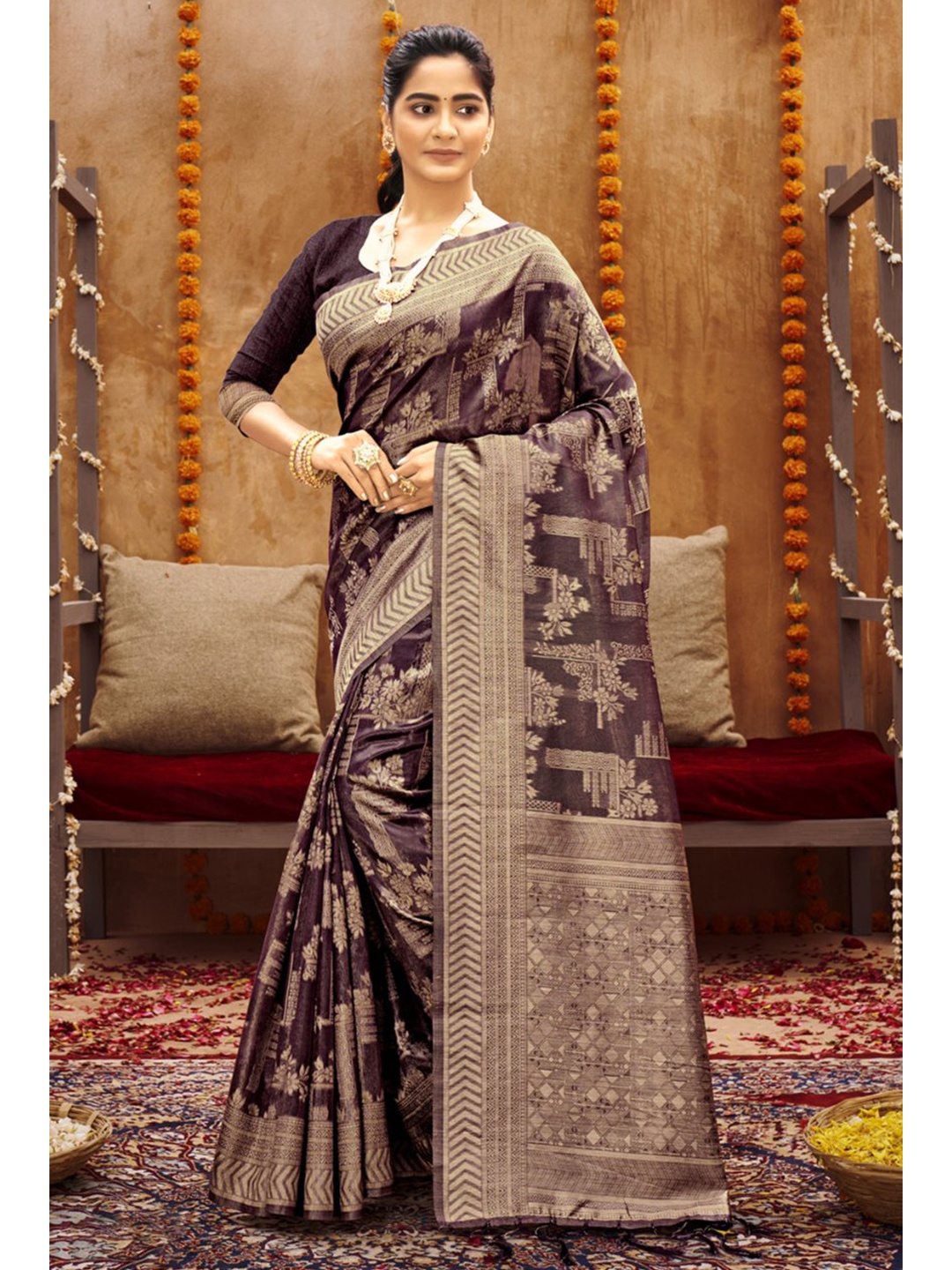 

KARAGIRI Purple & Beige Floral Woven Design Zari Saree