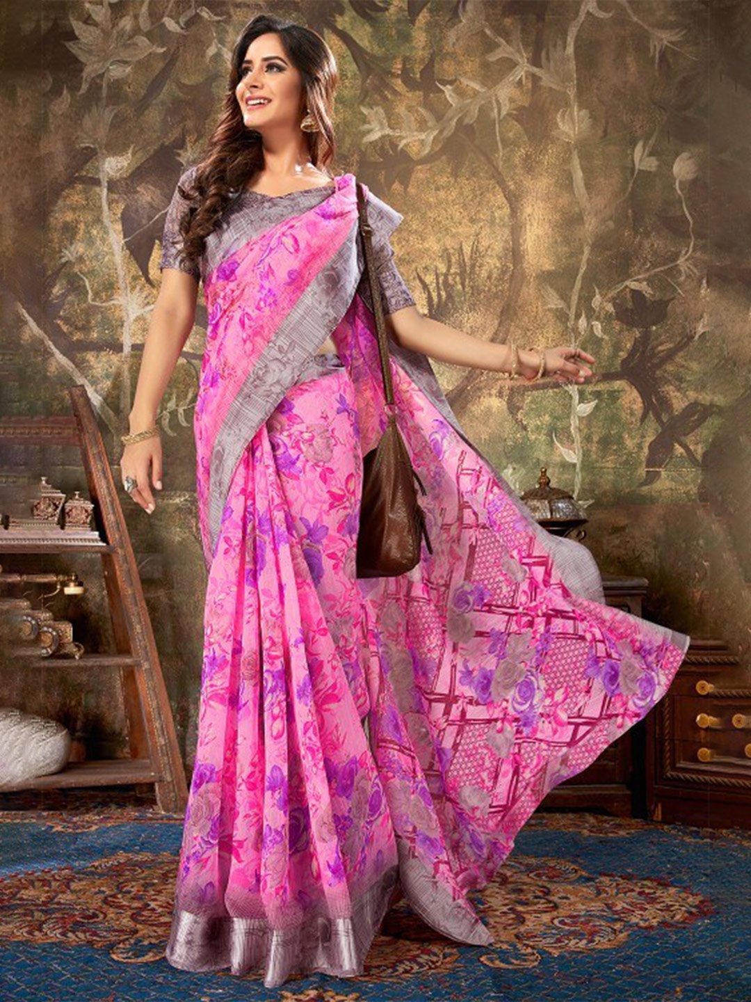 

KARAGIRI Pink & Purple Floral Cotton Saree