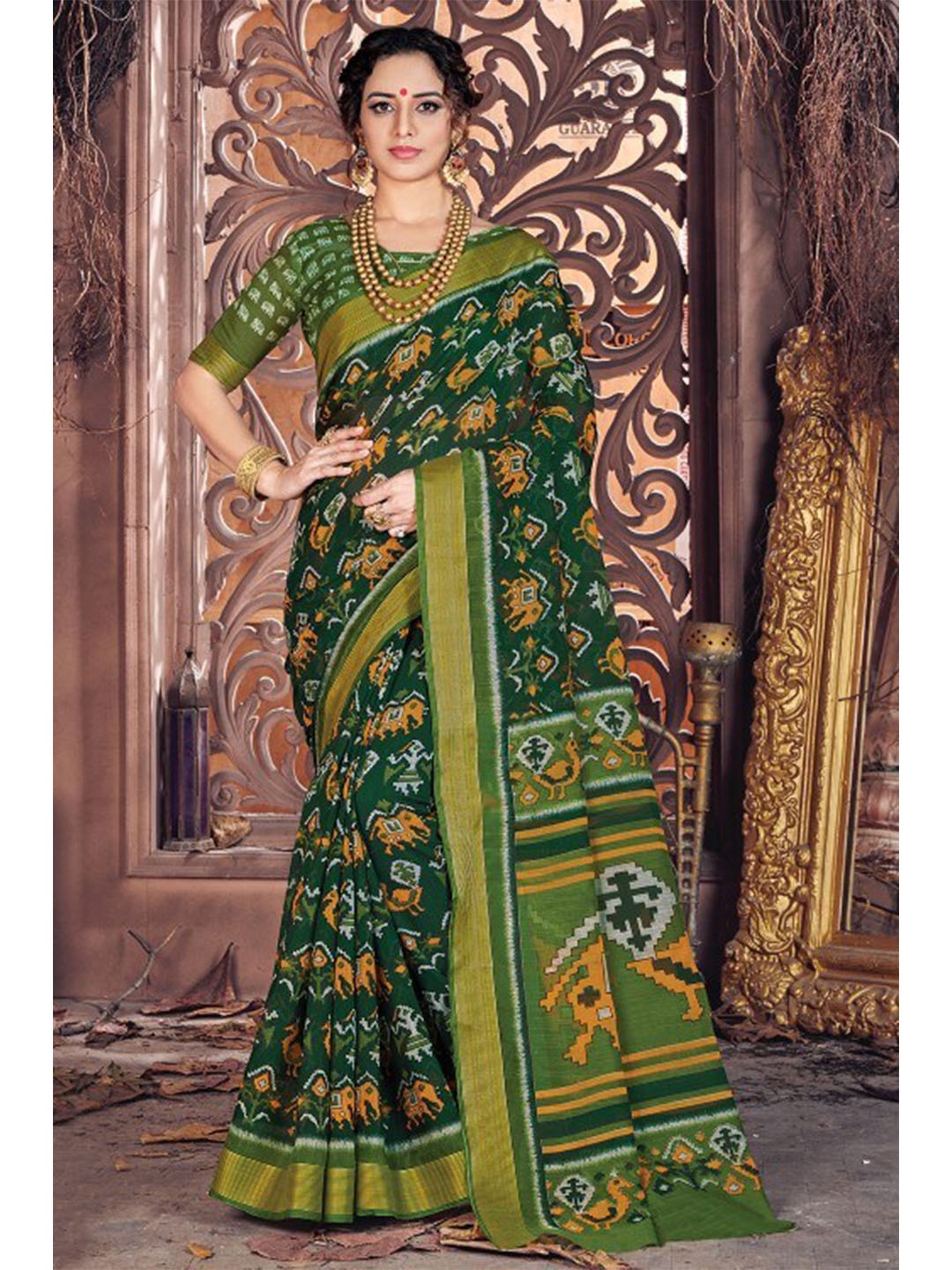 

KARAGIRI Green & Orange Ethnic Motifs Zari Saree