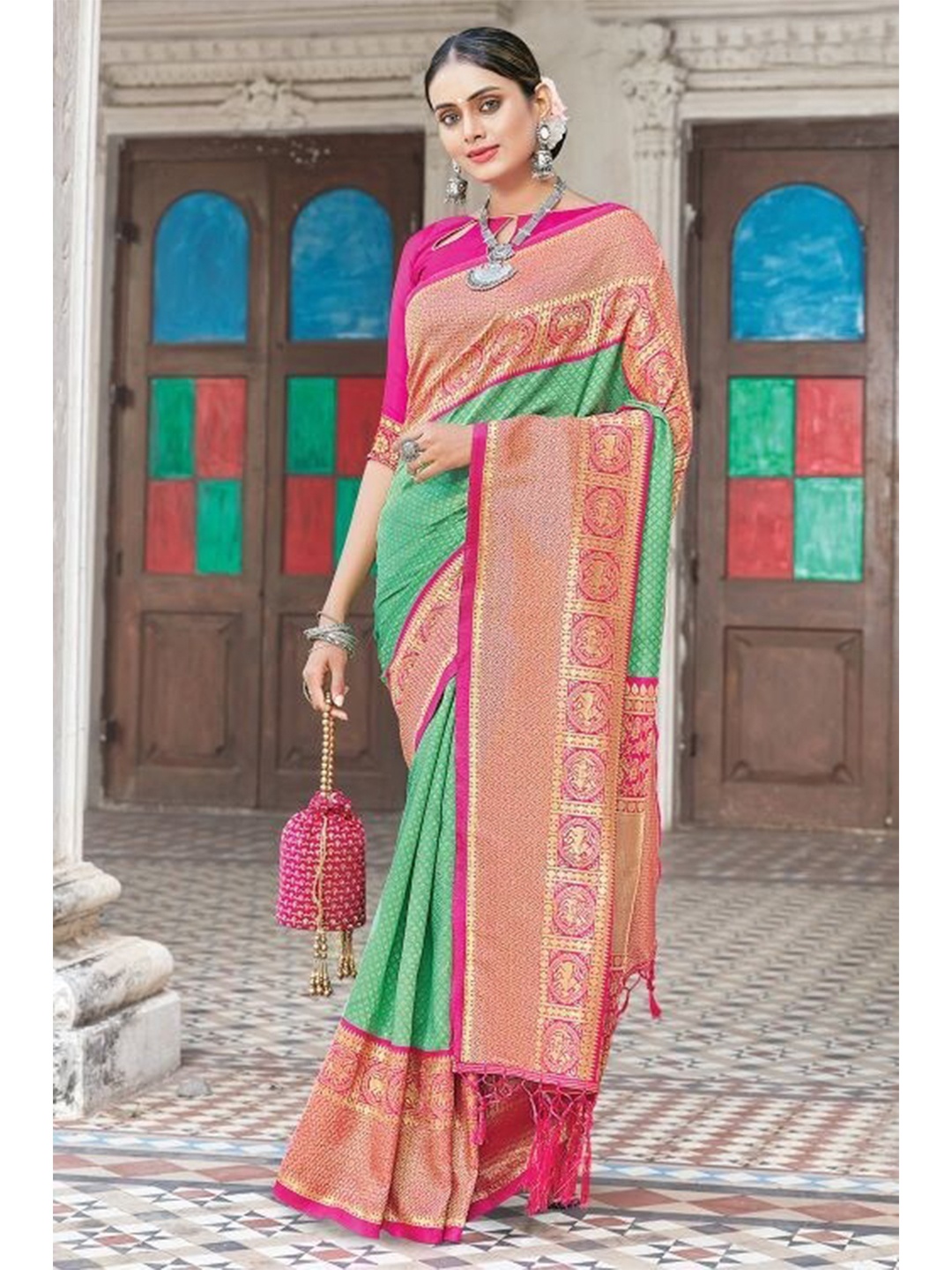 

KARAGIRI Green & Rose Woven Design Zari Saree