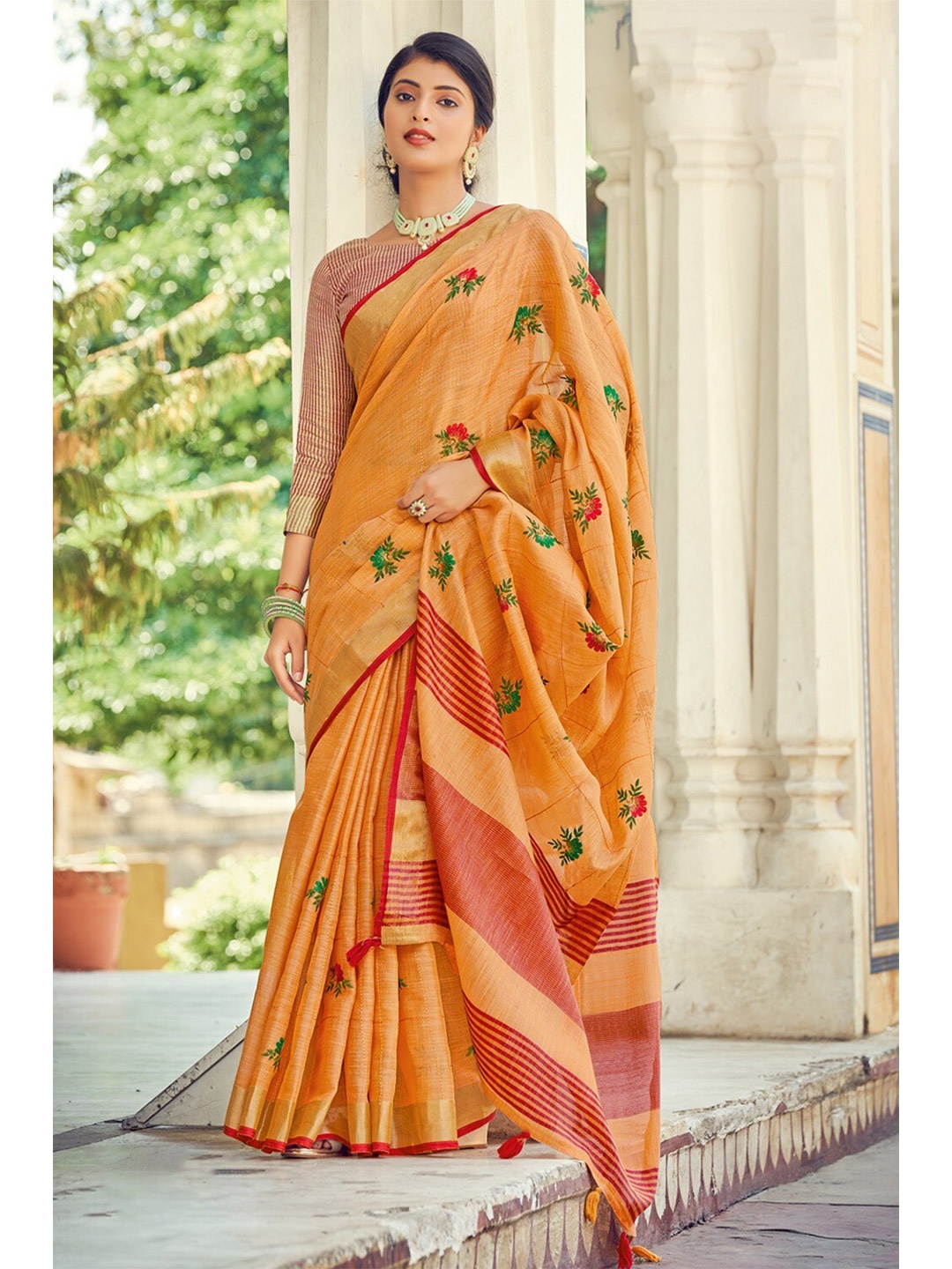 

KARAGIRI Orange & Pink Floral Zari Linen Blend Saree