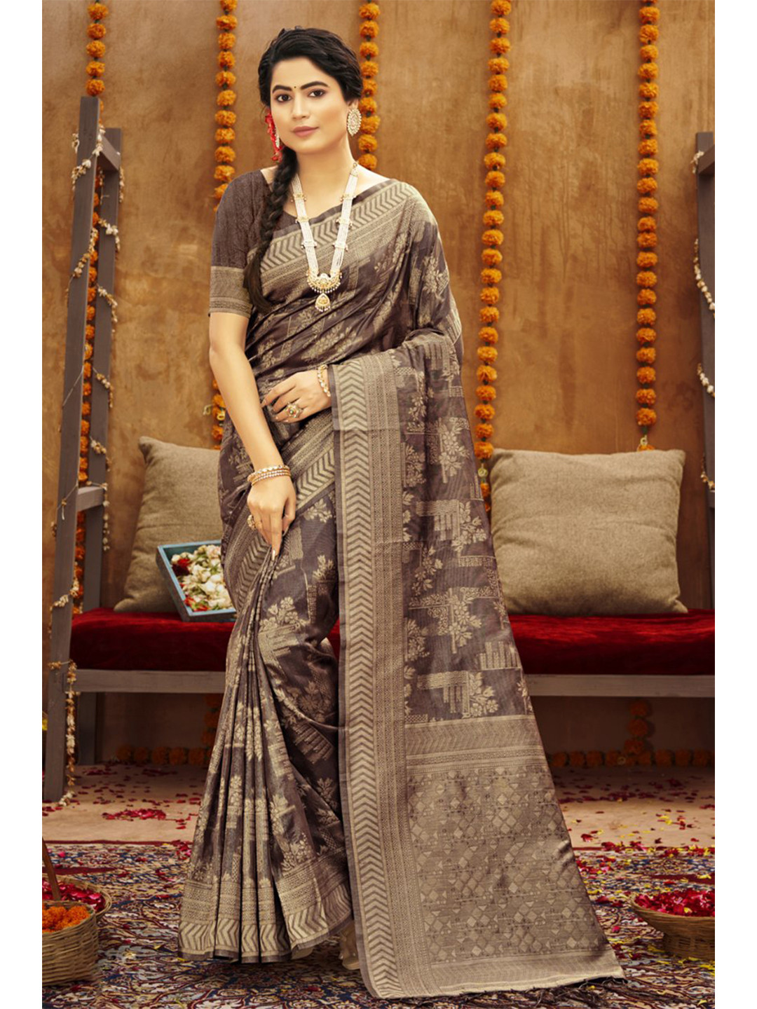 

KARAGIRI Brown & Beige Floral Zari Cotton Saree
