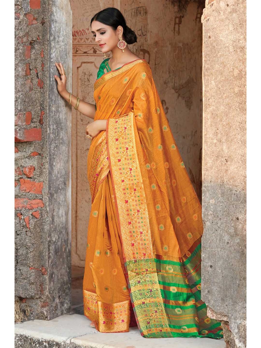 

KARAGIRI Women Mustard & Green Floral Zari Saree