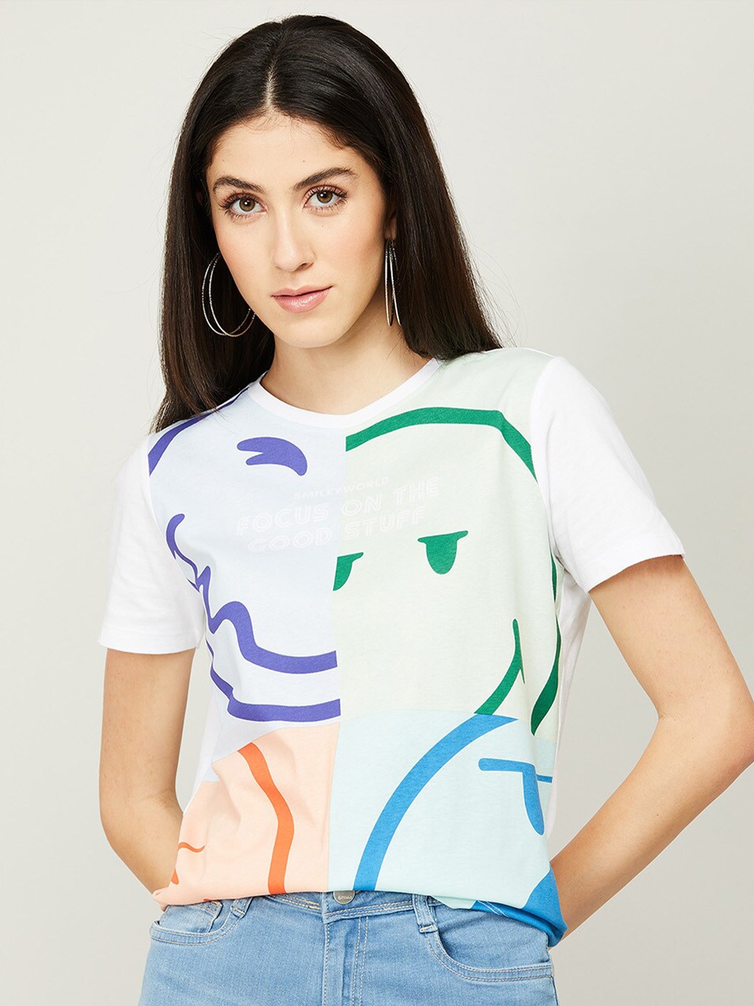 

SmileyWorld White & Blue Printed Cotton Top