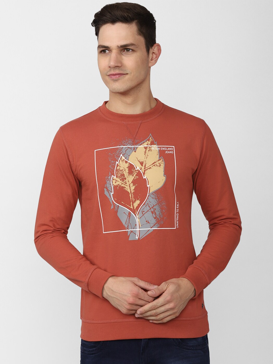 Peter England Casuals Men Orange Printed Cotton Sweatshirt