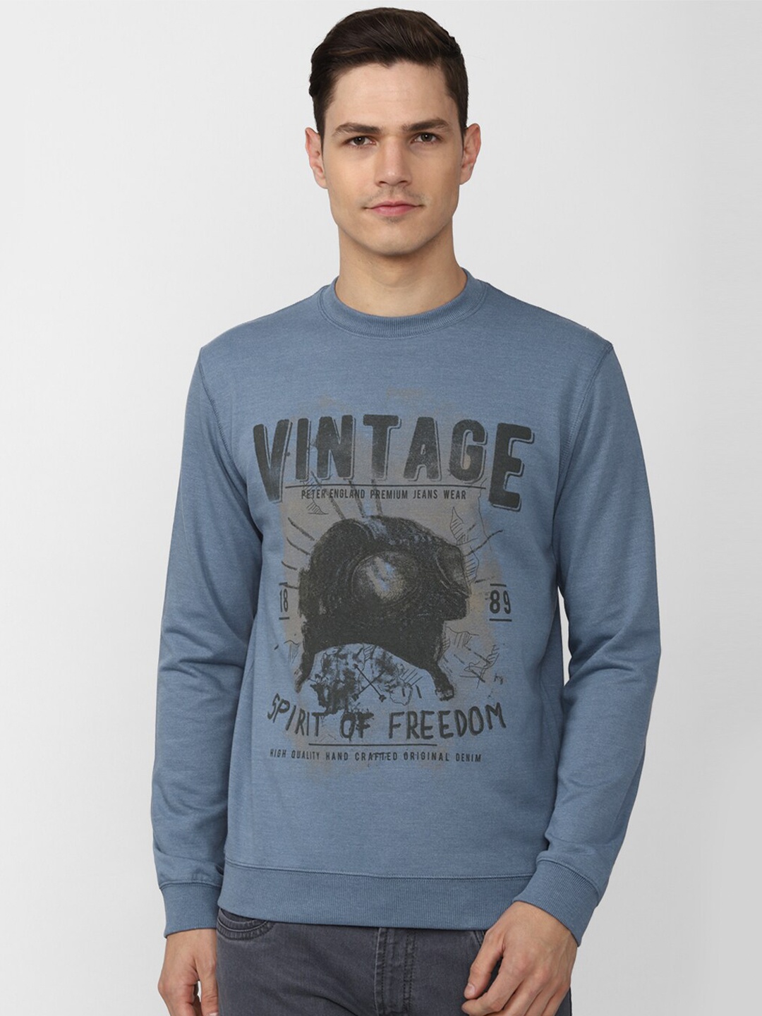 

Peter England Casuals Men Blue Printed Sweatshirt