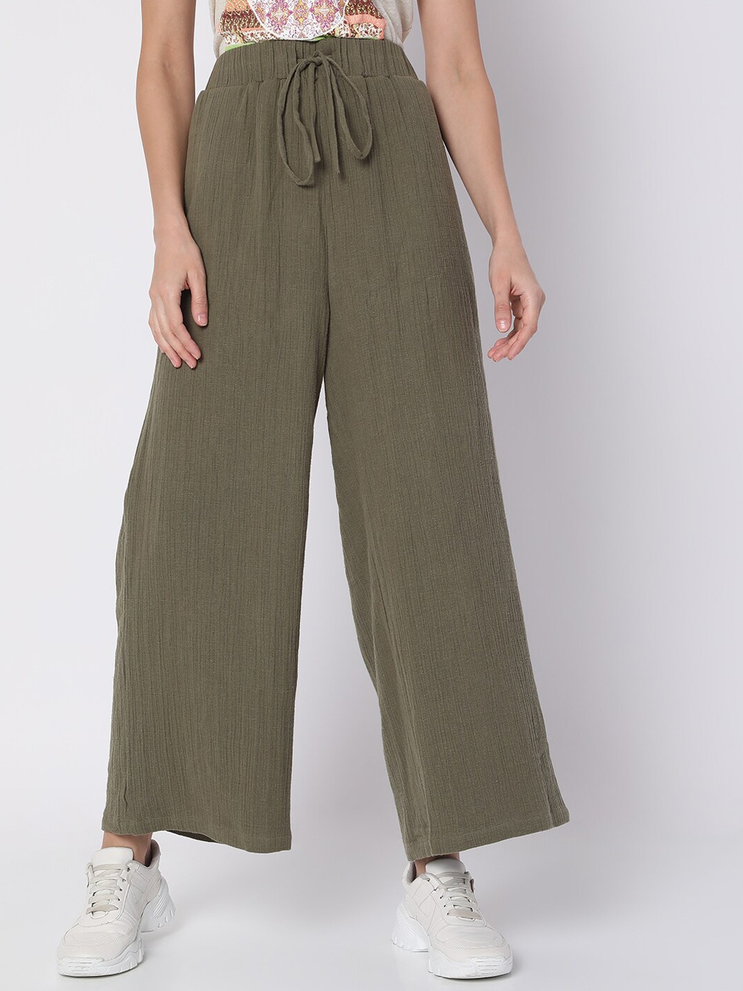 

Vero Moda Women Olive Green Flared High-Rise Trousers