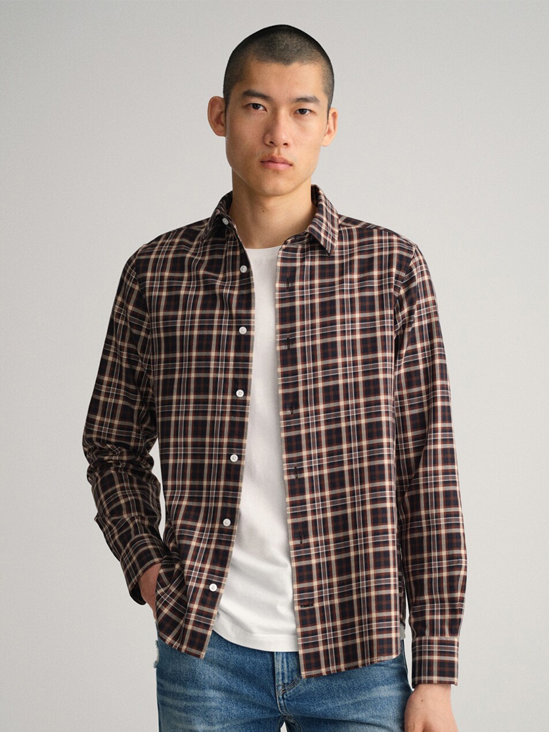 

GANT Men Brown Classic Tartan Checks Checked Slim Fit Pure Cotton Casual Shirt