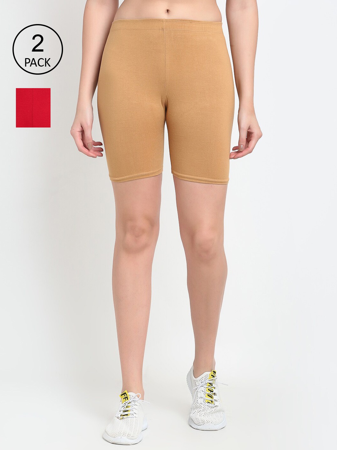 

GRACIT Women Pack of 2 Red & Beige Cycling Sports Shorts