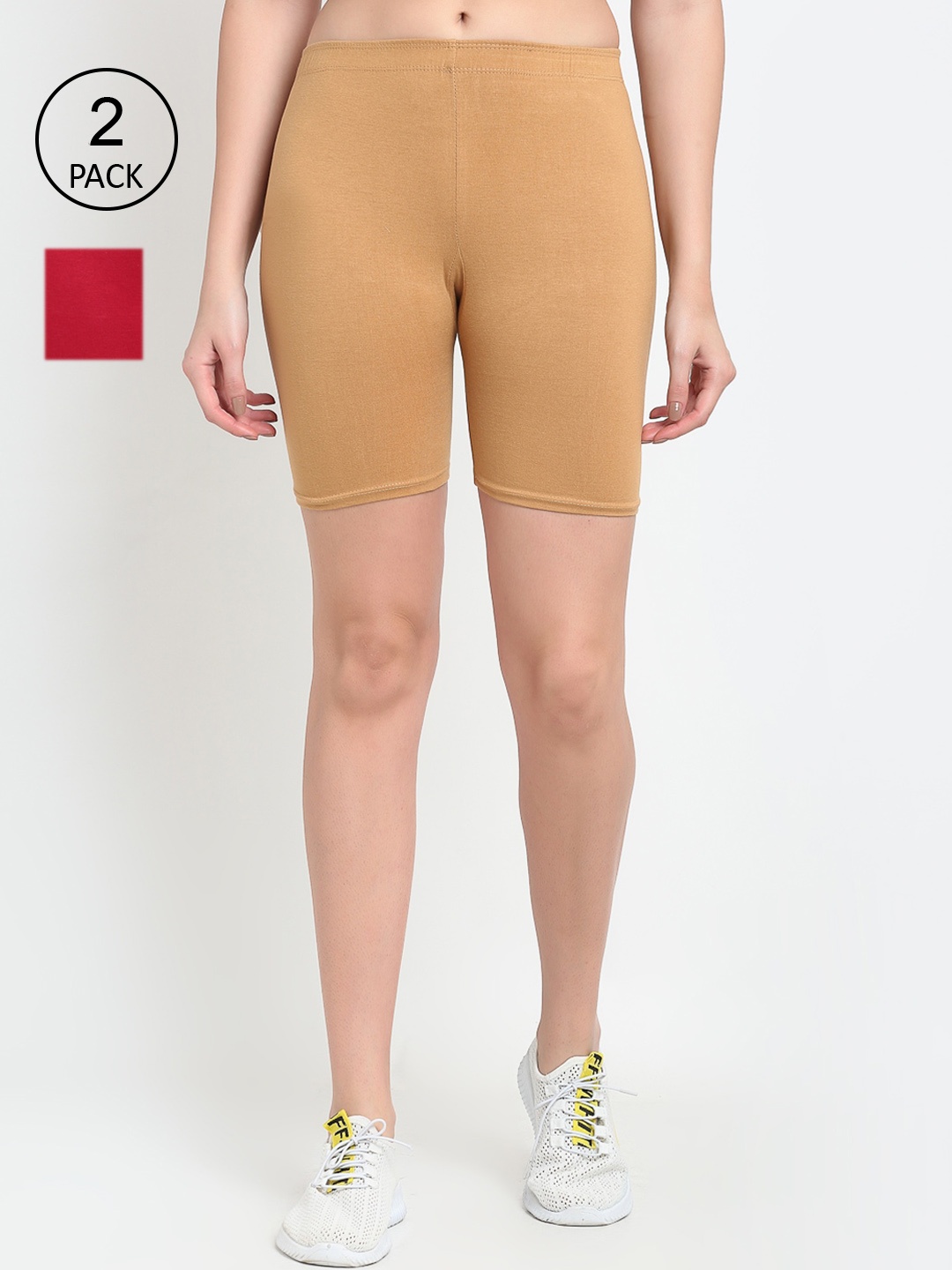 

GRACIT Women Beige and Red Pack of 2 Cycling Shorts