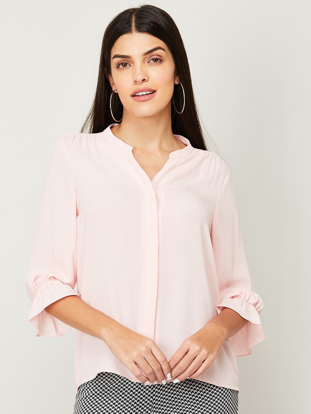 

CODE by Lifestyle Peach-Coloured Mandarin Collar Shirt Style Top