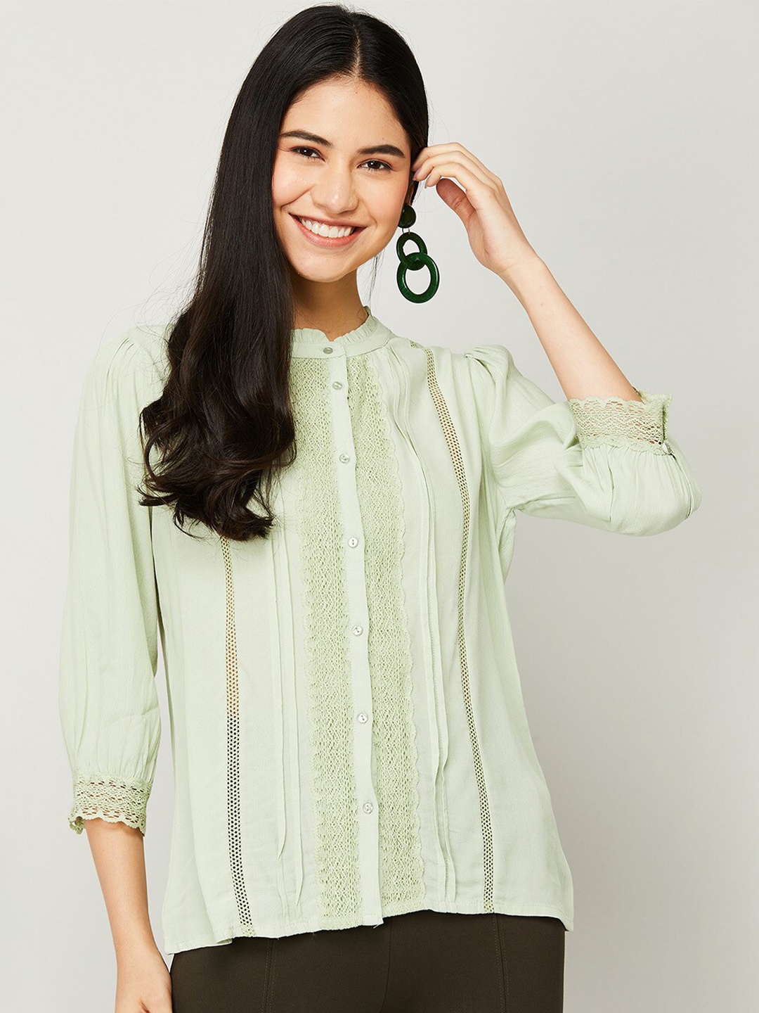 

CODE by Lifestyle Green Striped Mandarin Collar Shirt Style Top