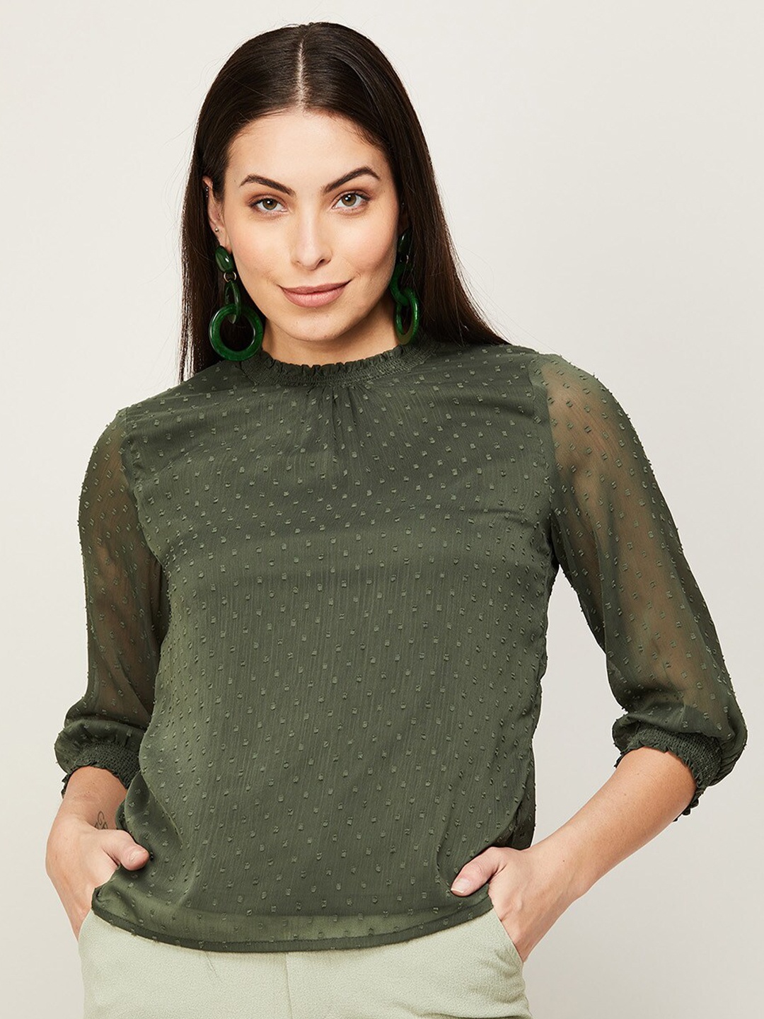 

CODE by Lifestyle Women Olive Green Self-Design Top