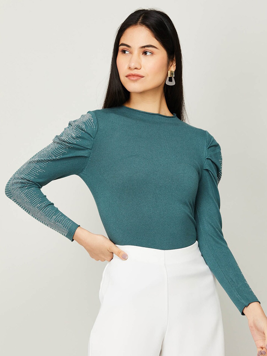 

CODE by Lifestyle Green Solid Puff Sleeves Top