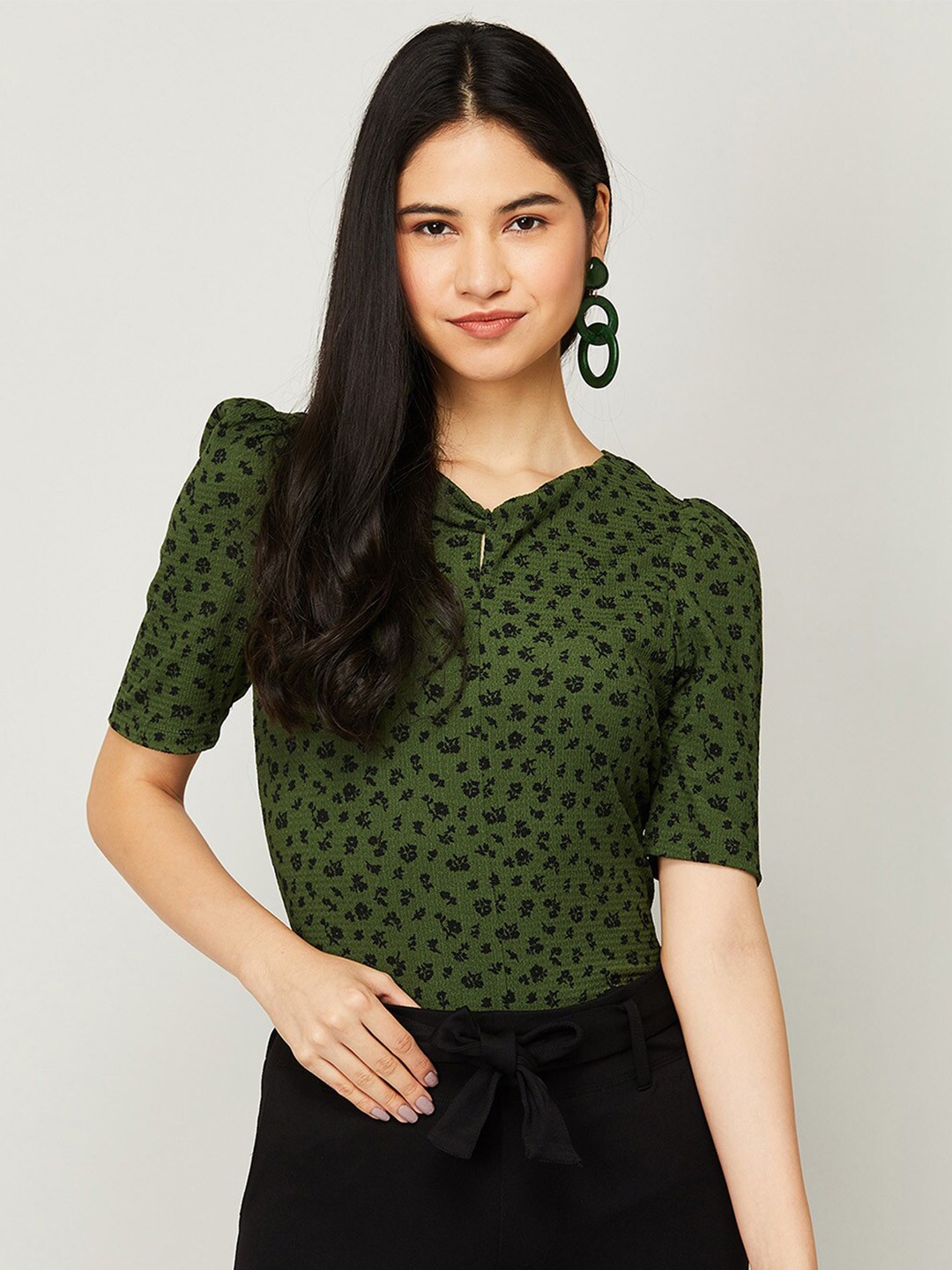 

CODE by Lifestyle Women Olive Green Floral Print Keyhole Neck Top
