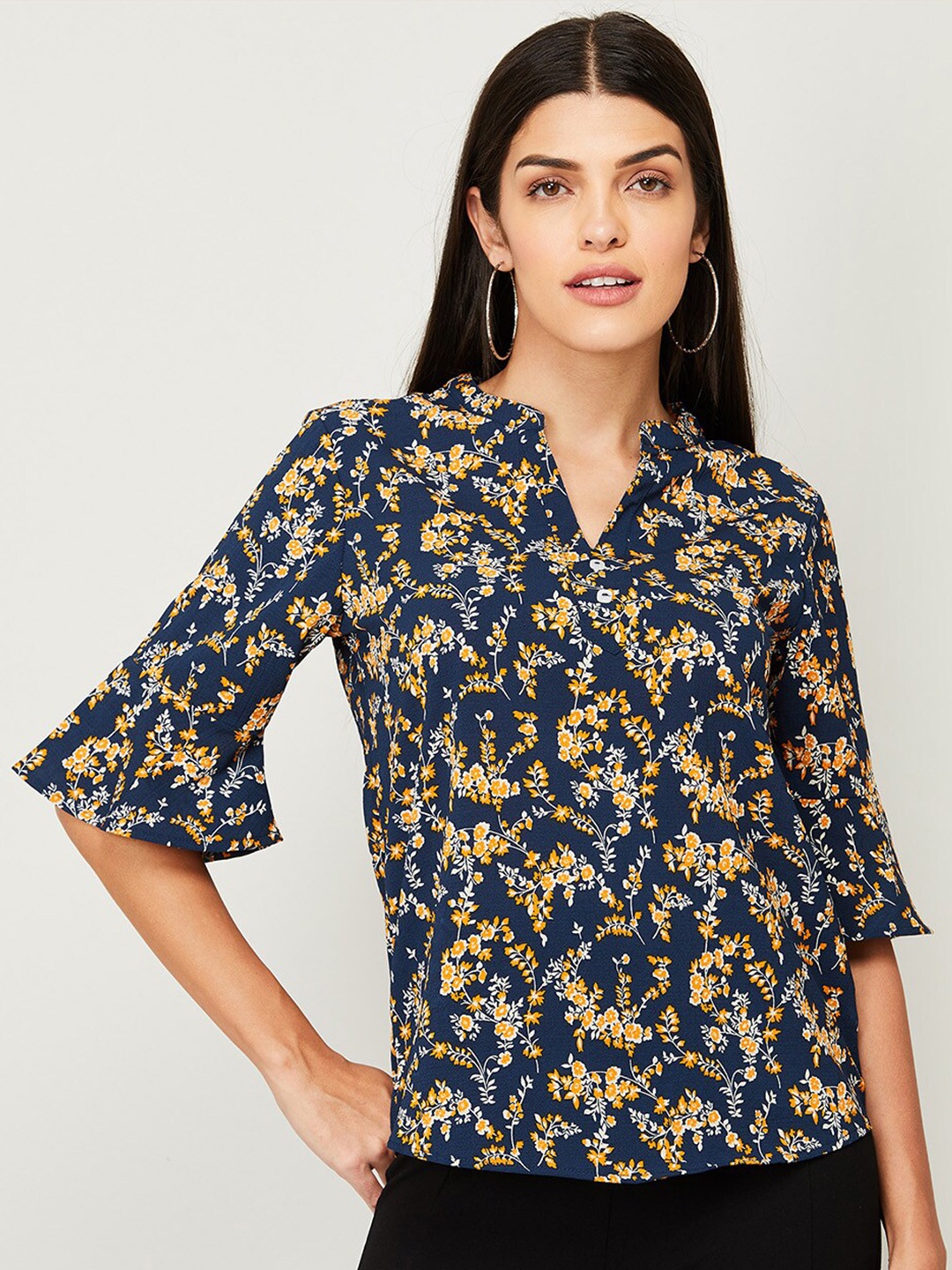 

Fame Forever by Lifestyle Women Navy Blue Floral Print Mandarin Collar Shirt Style Top