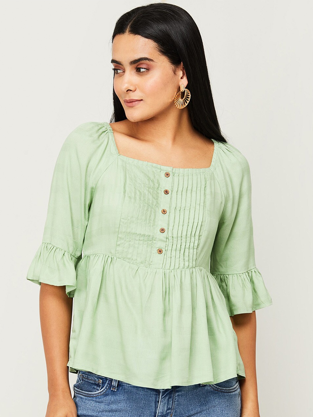 

Fame Forever by Lifestyle Women Sage Green Bell Sleeves Cinched Waist Top