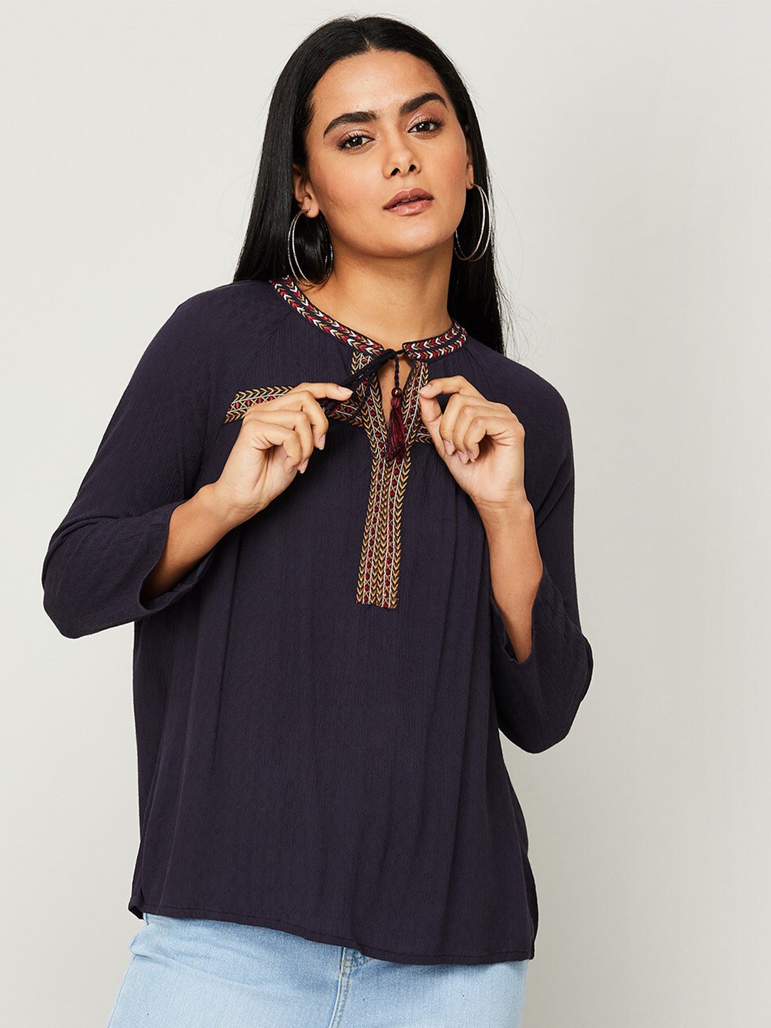 

Fame Forever by Lifestyle Navy Blue Tie-Up Neck Top